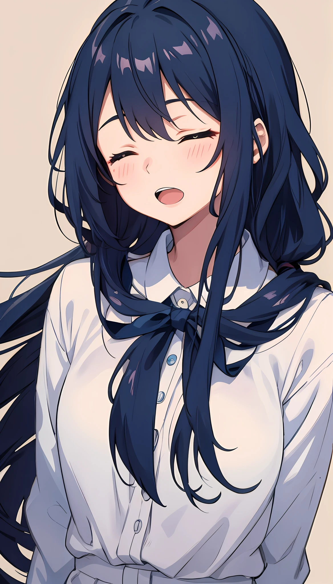 Girl with long bluish hair, with closed eyes, open mouth, rosy cheeks.