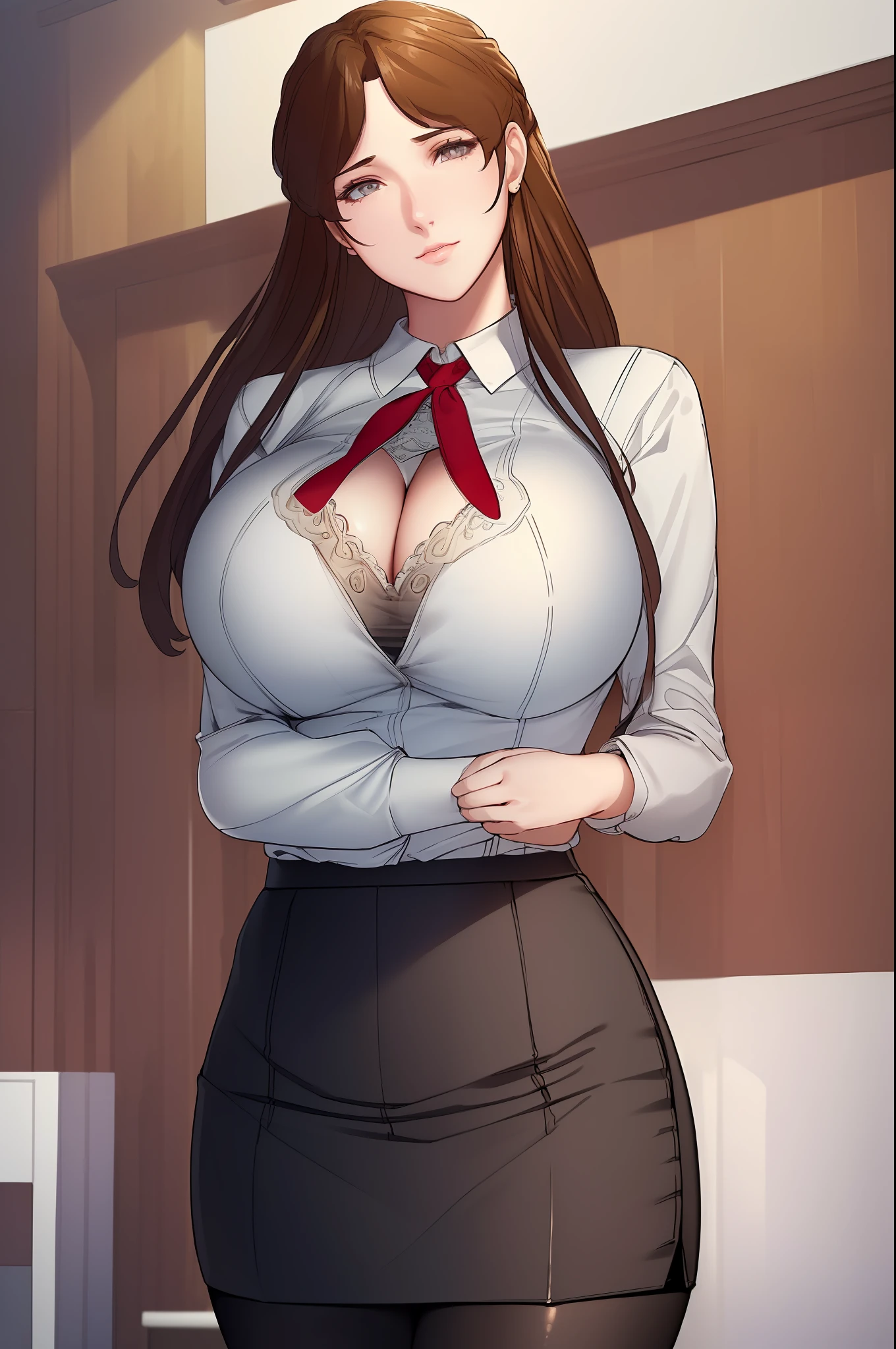 (8k, best quality, masterpiece: 1.2), \(eye details\), \(facial features\), (\(clothes details \)\), upper body, (big breasts), (face emphasis), very detailed CG unity 8k wallpaper, (standing), soft light, detailed skin texture, detailed clothing texture, looking at the audience, 1girl, milf, pencil skirt, stockings, bra edge