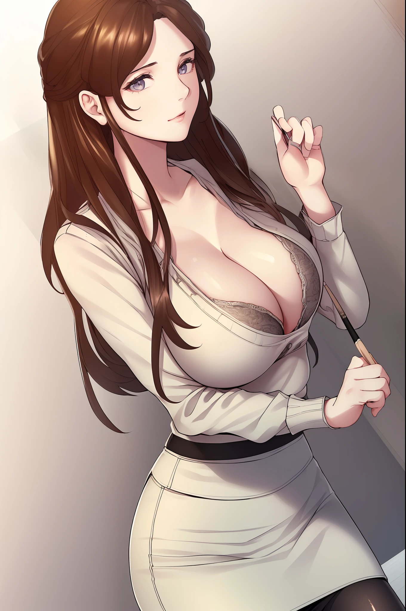 (8k, best quality, masterpiece: 1.2), \(eye details\), \(facial features\), (\(clothes details \)\), upper body, (big breasts), (face emphasis), very detailed CG unity 8k wallpaper, (standing), soft light, detailed skin texture, detailed clothing texture, looking at the audience, 1girl, milf, pencil skirt, stockings, bra edge