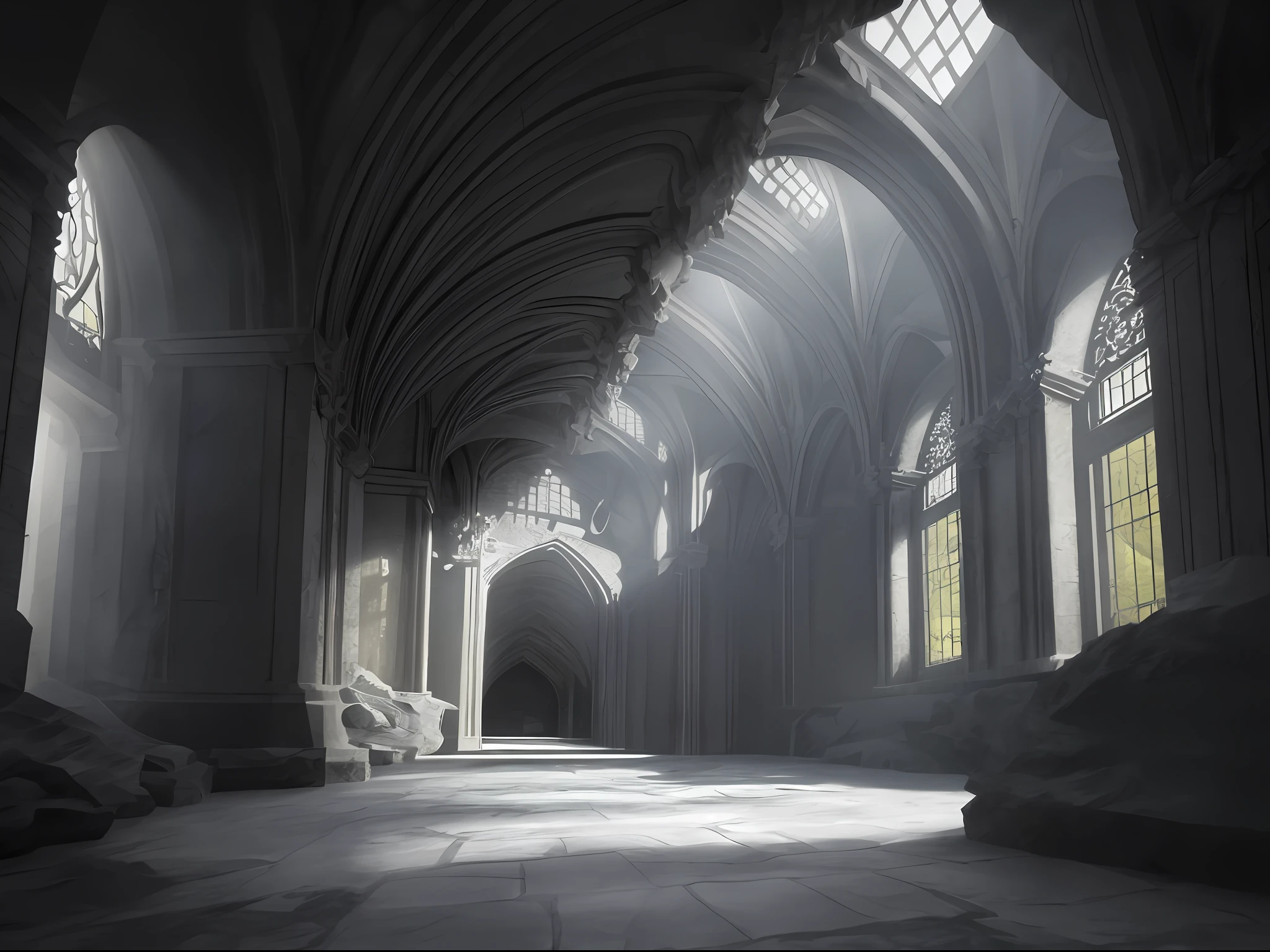 photorealistic interior of big nature white marble rock cave, inside is small gothic house with visible multi-storey cellars, underground stream, masterpiece, ultra high res, (photorealistic:1.4), cinema lighting, insanely detailed,, hyper realistic, intricate design, fine details, octane render