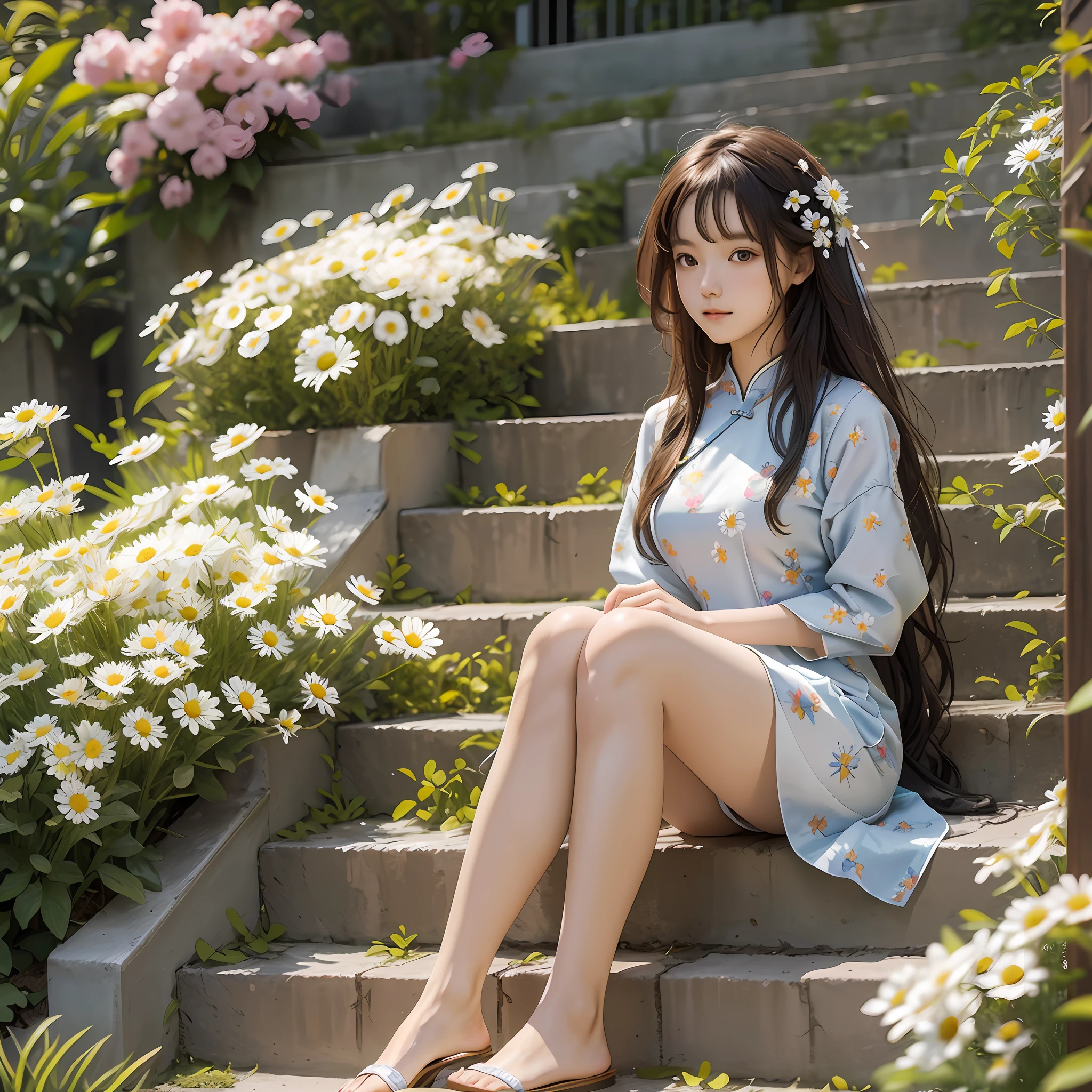 RAW photo, masterpiece, best quality, (1girl), 20yo, sitting at the stair, lots of daisy flowers around, outdoor, sunny day, happy, Chinese dress, beautiful girl, messy hair, floating hair and clothes in the wind