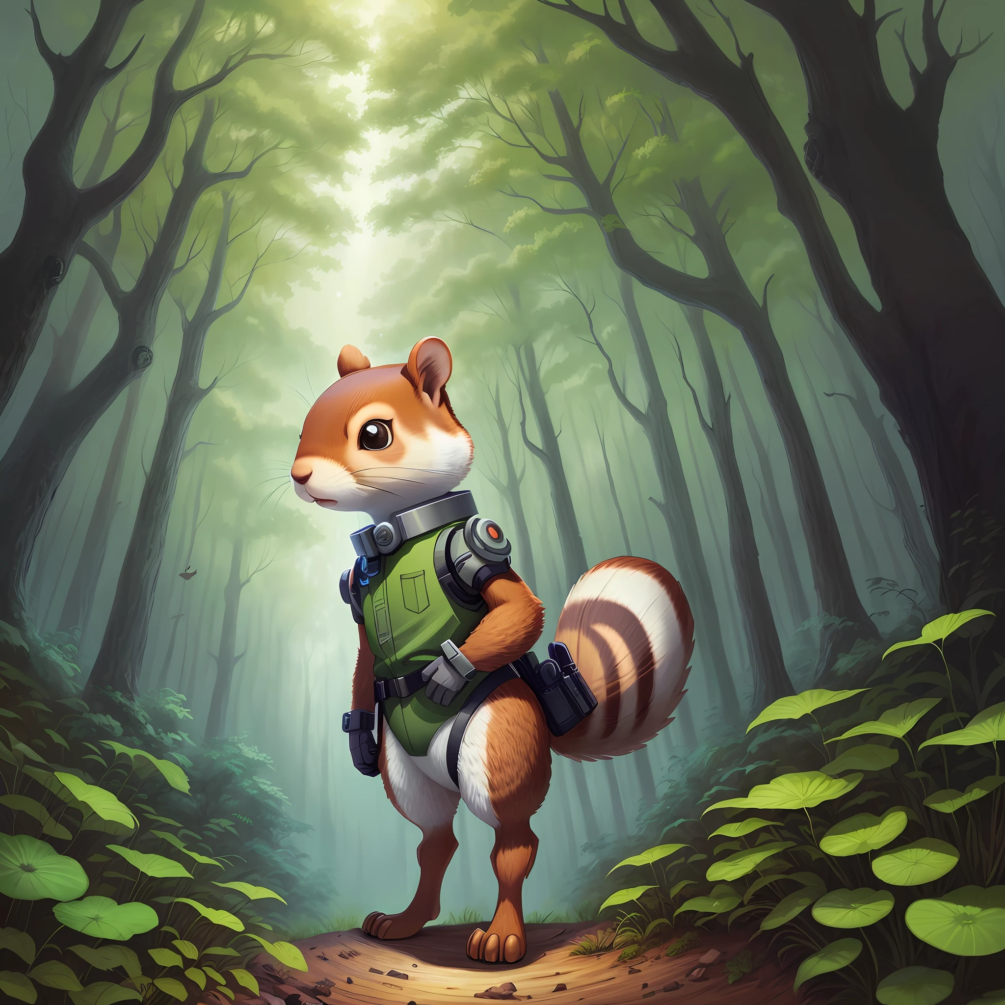 cartoon book cover illustration of a cyborg squirrel standing in a forest, cute forest creature, official illustration, science fiction book illustration, manga book illustration, book illustration, book illustration, book illustration, anthropomorphic beaver, book illustration, history book illustration