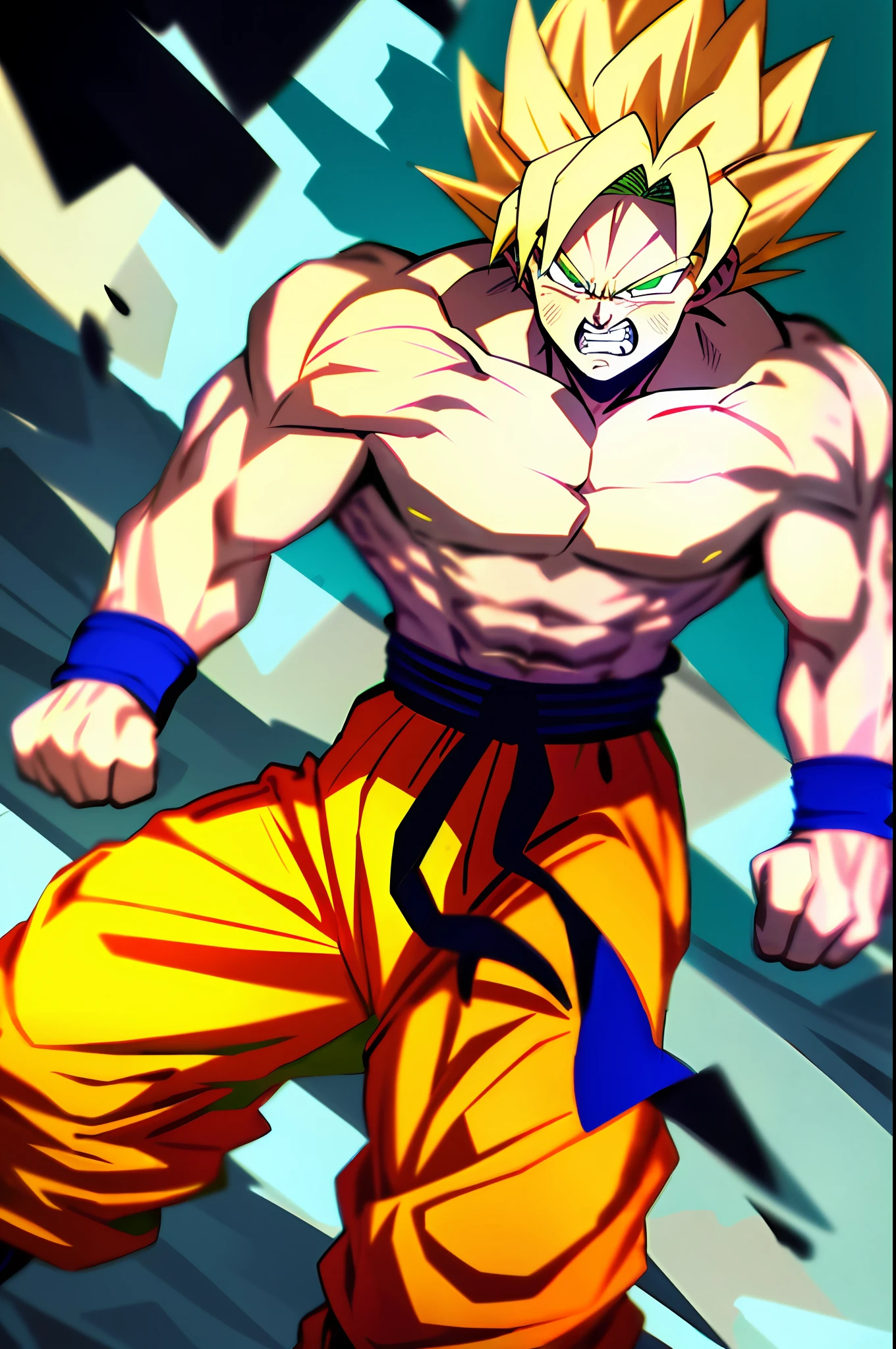 son goku, 1boy, angry, battle damage, blonde hair, blue sash, clenched teeth, furious, green eyes, male focus, muscular, muscular male, pectorals, sash, solo, spiked hair, super saiyan, super saiyan 1, teeth, topless male, torn clothes, wristband, ((masterpiece))