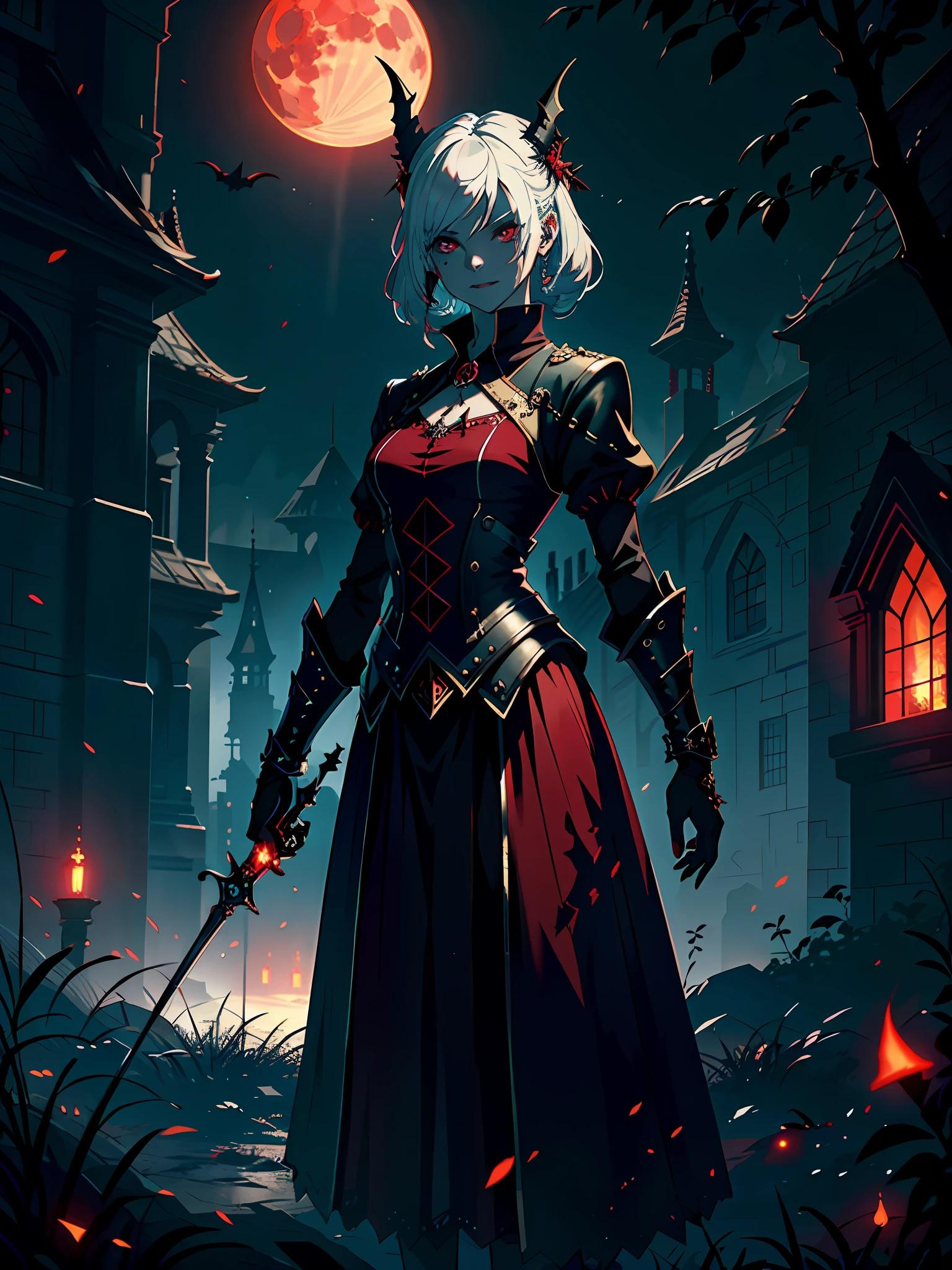 (masterpiece:1.2, best quality),(best illumination, an extremely delicate and beautiful),(best illumination, an extremely delicate and beautiful), (beautiful detailed face), (finely detailed eyes and detailed face:1.4), dark fantasy, (young girl, small beasts, 1girl, solo, crazy smile, pale skin, white hair, red glowing eyes, dynamic angle, vampire), (gaint vampire castle in background), (red moon, red sky), pointy_ears, fangs, blood on face, blood rain, blood fog, (depth of field), high contrast, (blood splatter:1.4), full body, dark theme, gothic style castle background, funeral place background,extreme details, realistic light, epic composition, (complex details), (complex design, ultra-details :1.2), Art Station, (Masterpiece, Best Quality), Ultra HD, 32k ,octane render, bioluminescent,8K resolution concept art, realism,by Mappa studios,masterpiece,best quality,official art,illustration,ligne claire,(cool_color),perfect composition,absurdres, fantasy