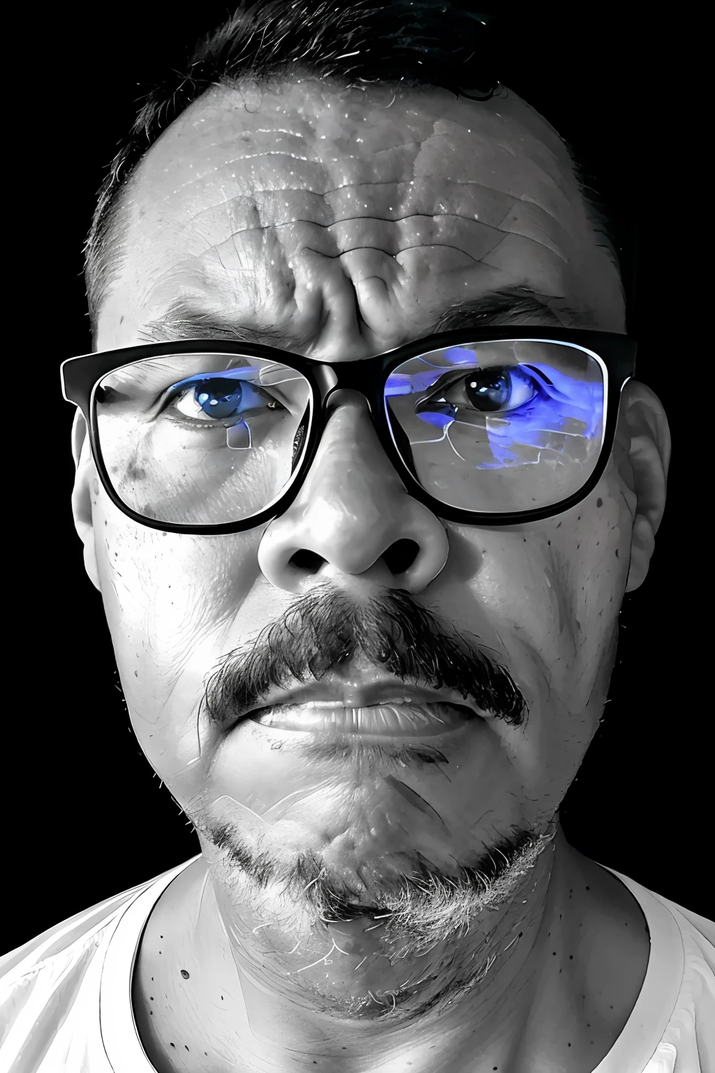 guttonerdvision3, black and white portrait of a man with glasses, mustache and goatee, 45-year-old man, detailed face, bright, lacrimated eyes. Crying, tears, looking intensely at the camera, sad countenance, totally dark environment, split light lighting technique with the light coming only from the right side of the character, dark black background, no backlighting, studio light, photorealism