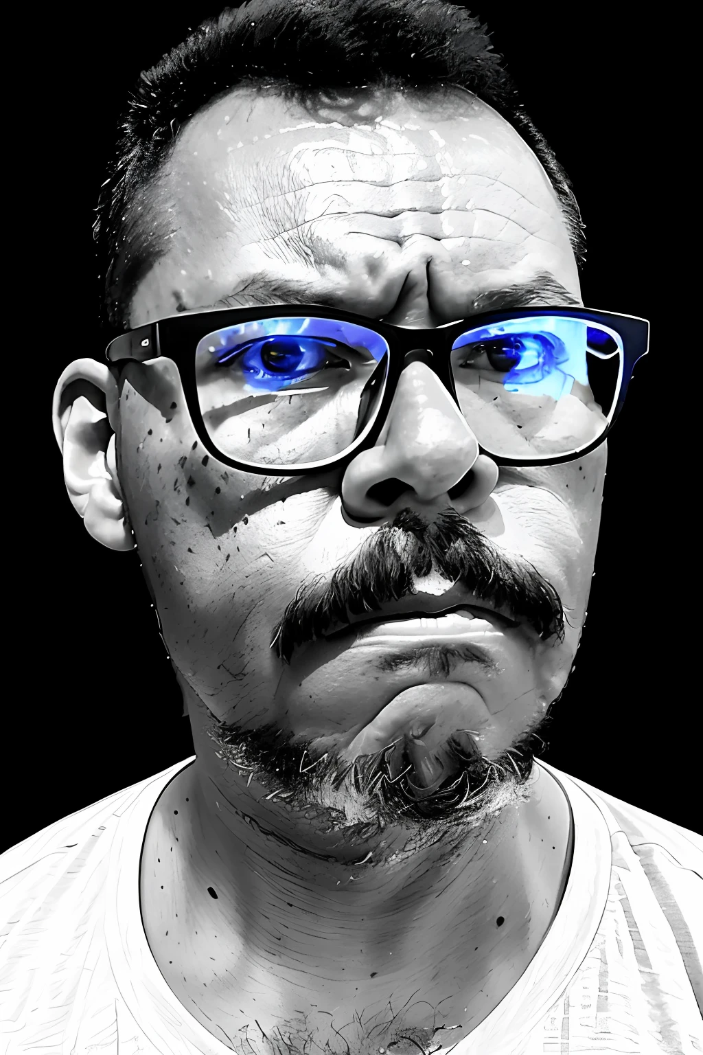 guttonerdvision3, black and white portrait of a man with glasses, mustache and goatee, 45-year-old man, detailed face, bright, lacrimated eyes. Crying, tears, looking intensely at the camera, sad countenance, totally dark environment, split light lighting technique with the light coming only from the right side of the character, dark black background, no backlighting, studio light, photorealism