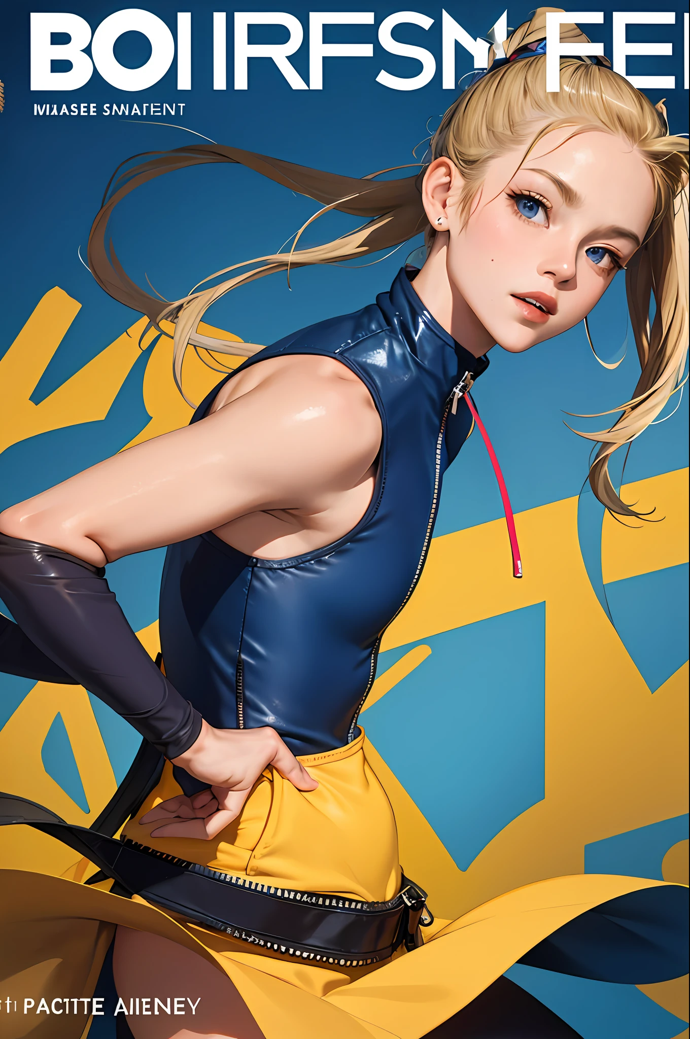 Masterpiece, Top Quality, Sleeveless, Dark Blue Bodysuit, Blonde, Ponytail, Magazine Cover, Upper Body, Outdoor, Center Zipper