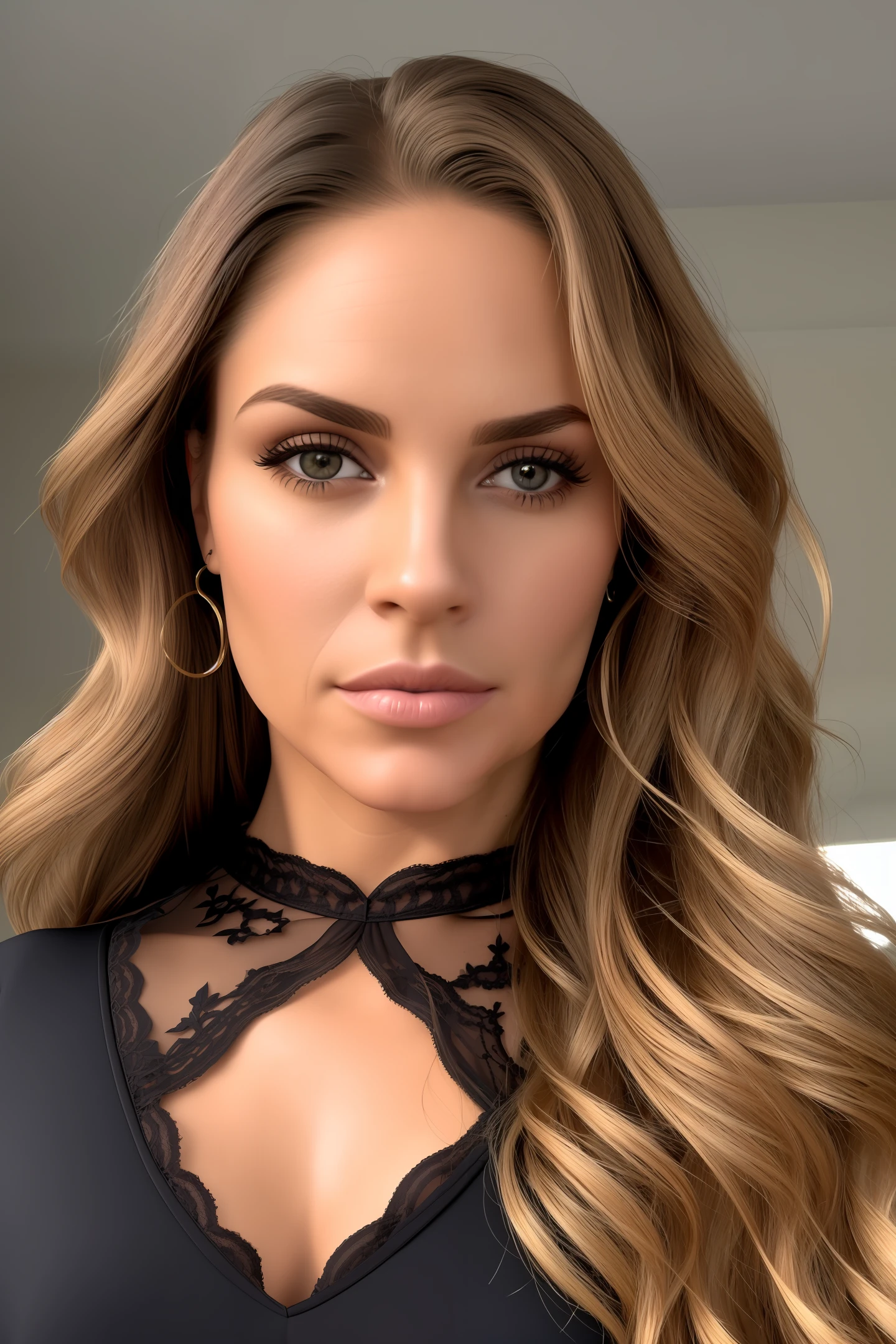 Creates in high definition the photo of a 37-year-old woman of 1.66 height look of suspicion and biting her lip a mouth with well-defined features angelic face caramel eyes medium breasts I well modeled the transparent clothing well marked black lace photo of high boss and quality 8k 1 single model per image