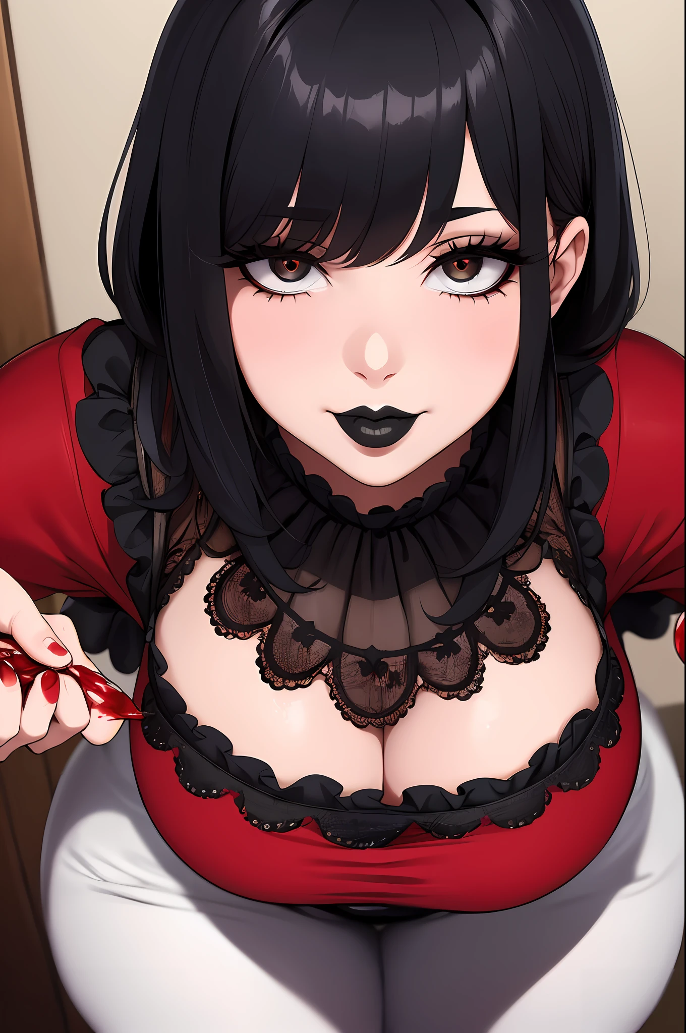 (Masterpiece, Best Quality, High Quality:1.4), (professional artwork, extremely detailed girl:1.0), 8k, detailed eyes, perfect face, 1girl, (voluptuous, mature female, plump, large lips:1.2), wide hips, thick thighs, heavy makeup, top heavy, bursting breasts:1.4), (skindentation, long eyelashes, dark eyeshadow, close up, black lipstick, blood, blood on clothes, blood on hands