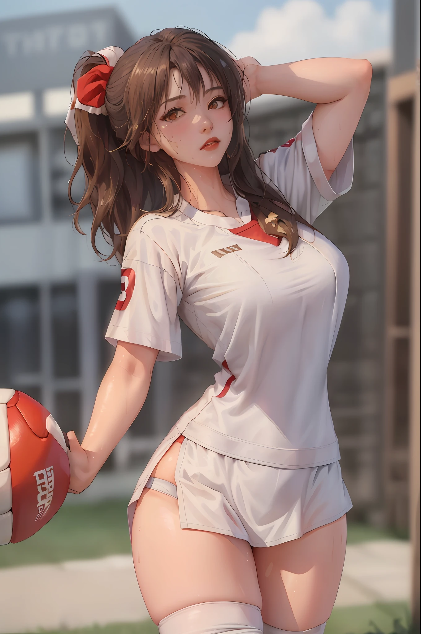 Masterpiece: 1.2, best quality), realistic, (real picture, rich details details, depth of field), (1girl, solo), makeup, cleft lip, high detail, perfect face shape, (skindentation), thick thighs, wide hips, thin waist, tall, coral, red lip, red eyes, ponytail, (((((girl playing football, white soccer uniform, loose jersey, loose clothes)))), (sweat: 1.2), (wet), sexy, blushing, sweaty, mid-chest,