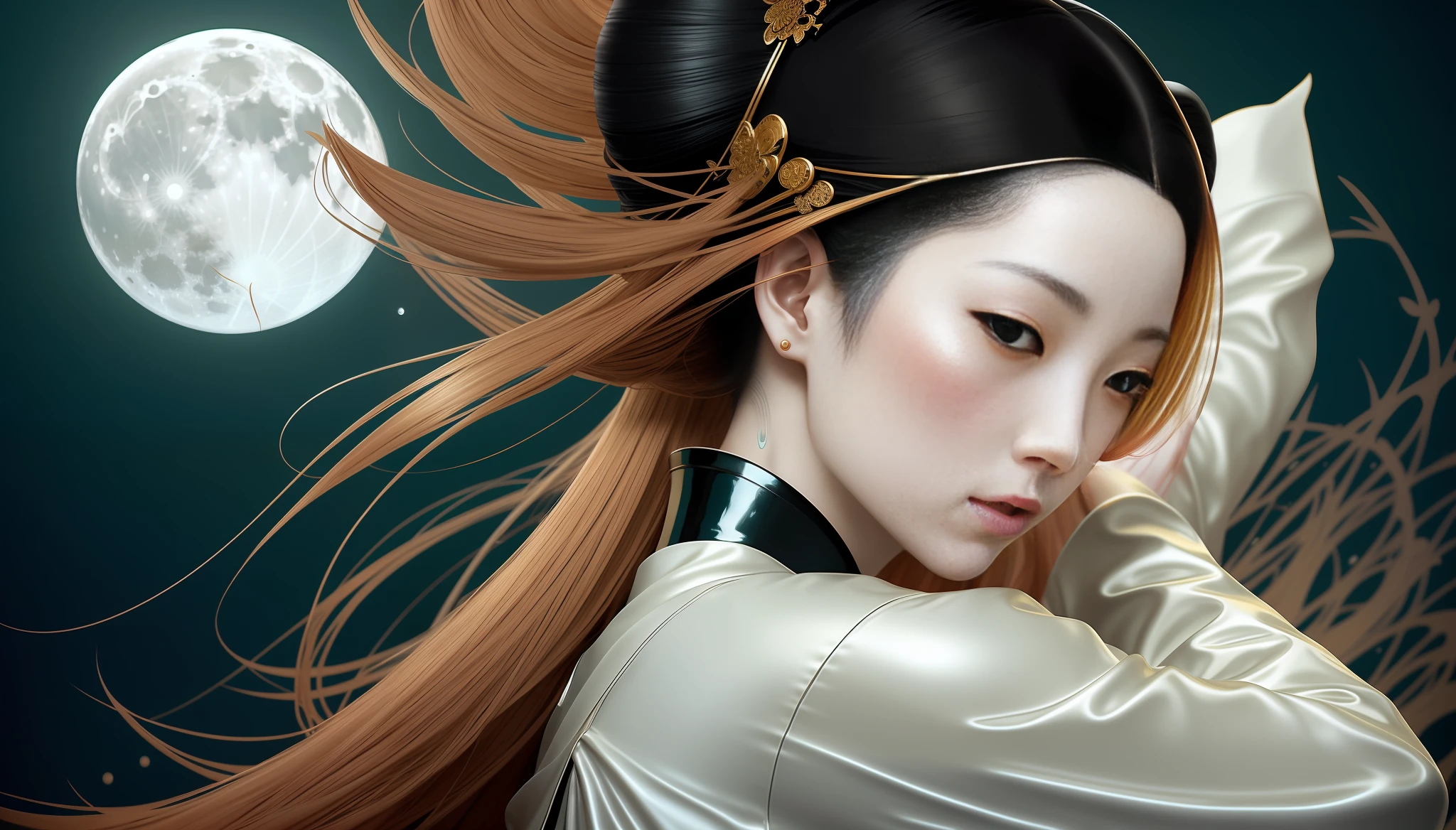 a pale japanese geisha curvy solo girl, short shiny messy hair, (full moon), wearing ninja suit magical, highly detailed, full lenght, trending on artstation, unreal engine 4 k, cinematic wallpaper by stanley artgerm lau, wlop, rossdraws, james jean, andrei riabovitchev, marc simonetti, yoshitaka amano. background by james jean and gustav klimt, light by julie bell, 4 k, porcelain skin, style of zdislaw beksinski, detailed, 8k, dynamic lighting, white chromatic aberration, soaking wet, smooth, hanyamask