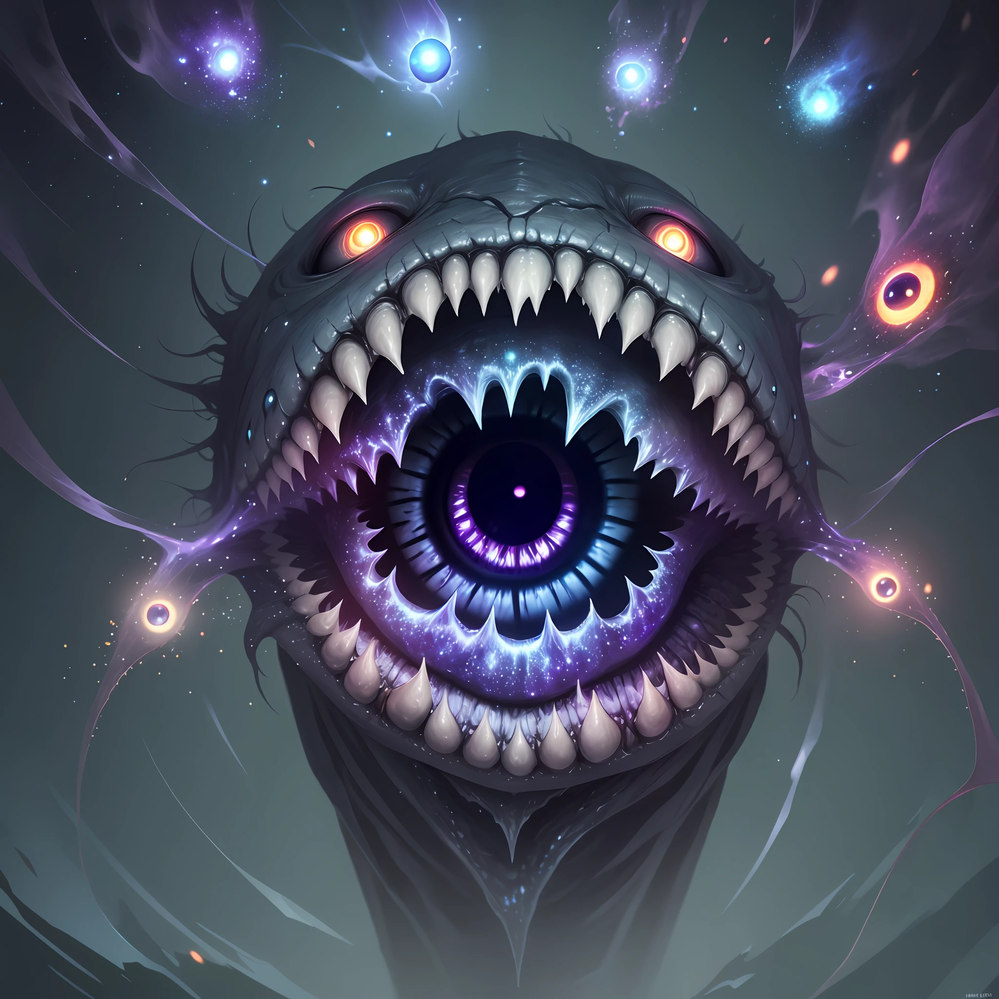 Eldritch abomination shrouded in darkness with its glowing eyes and infinitely deep maw being the only things visible, ((Bright eyeball in mouth)), (trippy lighting), (galaxy pattern)
