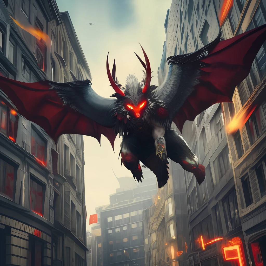 homen demon flying above buildings, city, red, realistic, wounded wings, horns, spiky tail, focus on character, smirk expression, evil, HDR, detailed face, amazing body, hyperdetailed, shot in DSLR, 4K, photorealistic, eye of fish, noite, iluminação, dark