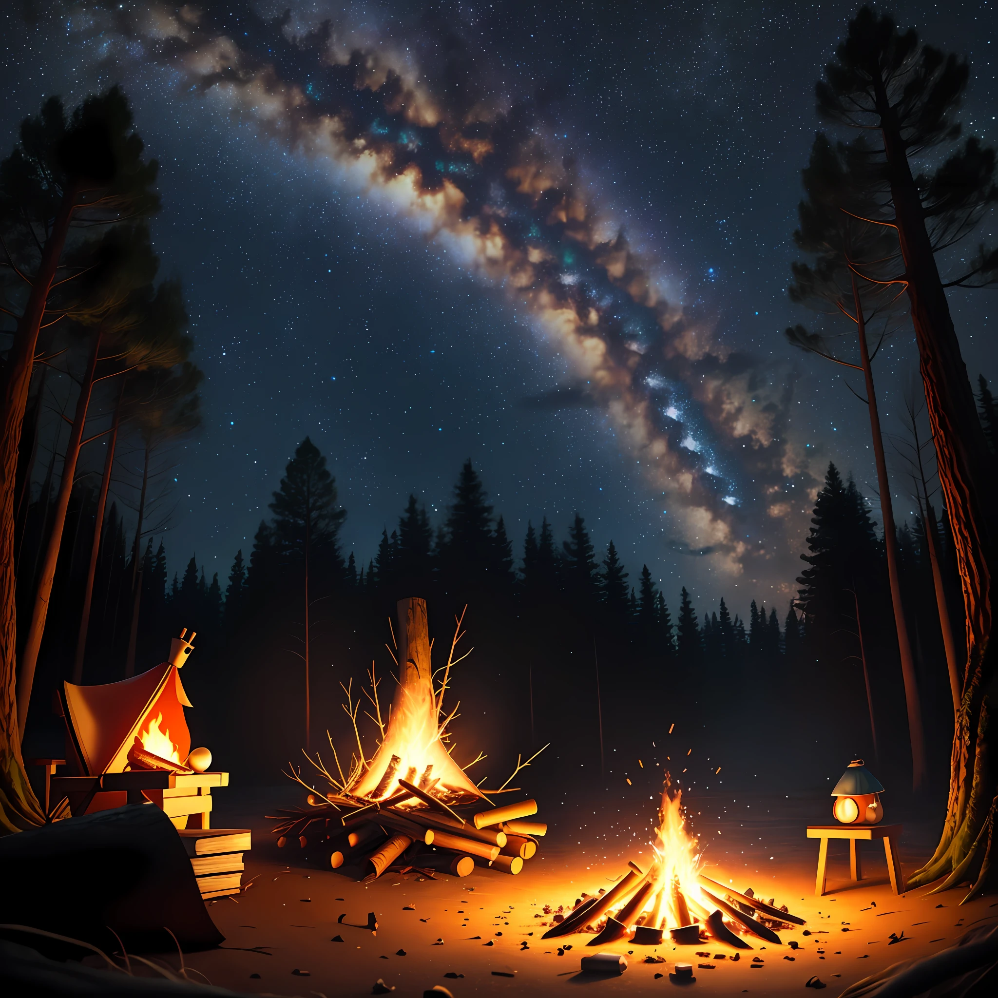 Campfire, forest, starry sky, Pixar style
