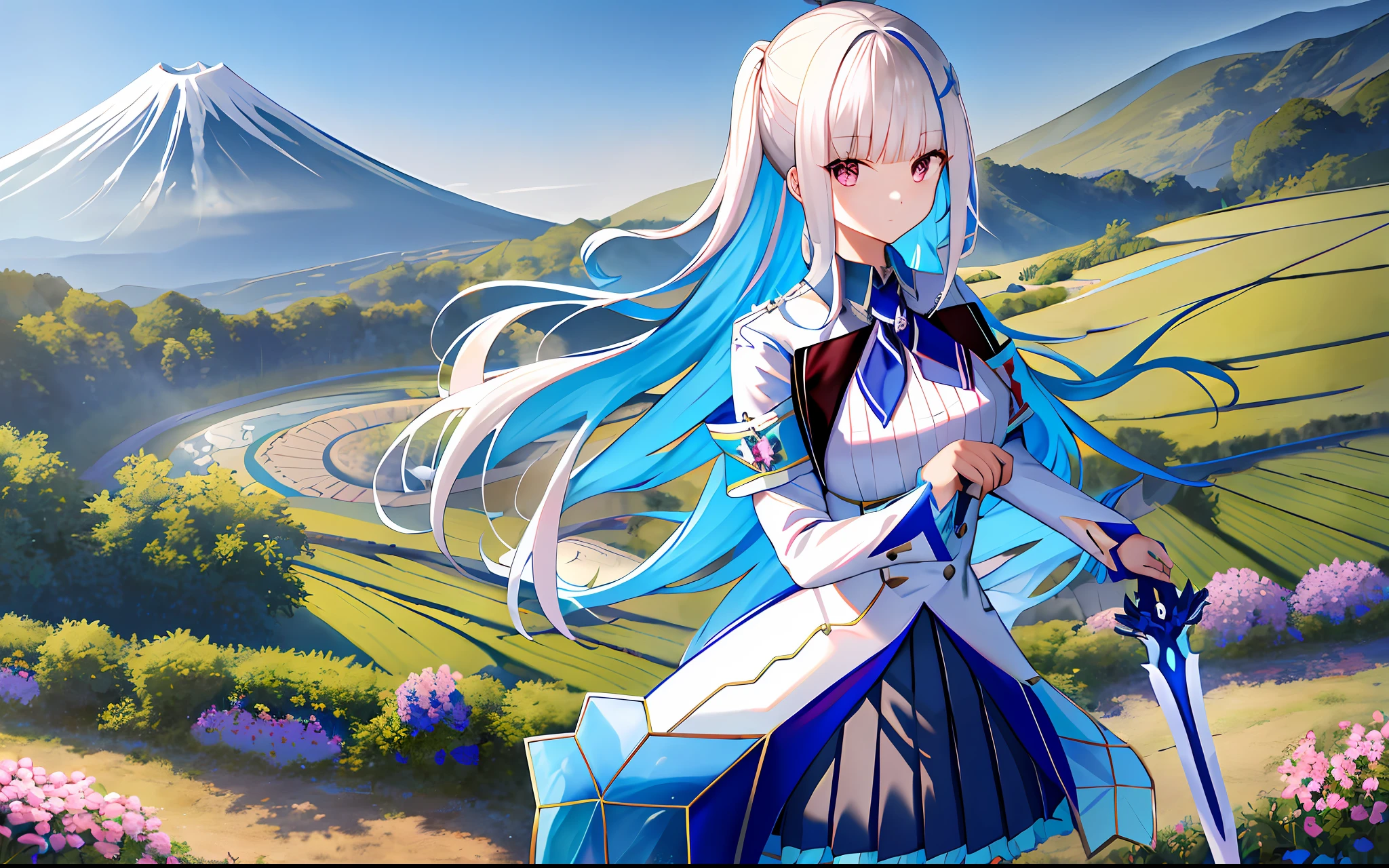 masterpiece, best quality, high resolution, LH1, hair owner net, thighs, long hair, long sleeves, pleated skirt, blue thighs, armbands, ruffled skirts, uniforms, white shirts, blue skirts, light blue cardigan, chick on shoulders, holding a big sword, mt. Fuji, tea plantation, in the background