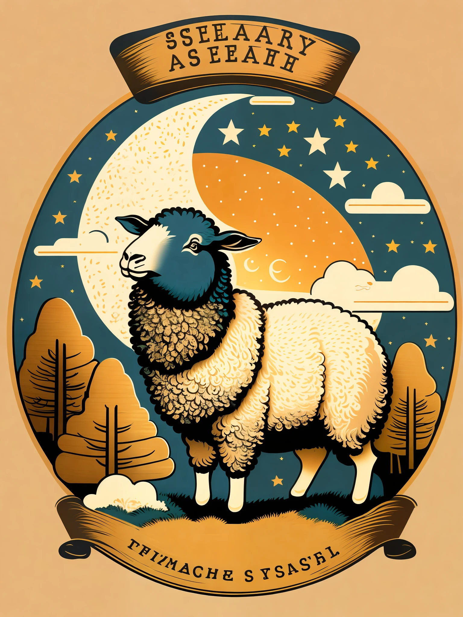 A vibrant logo inside a circle with a banner displaying a catchy text slogan, featuring a vintage stray black sheep logo in a woodcut prints style. The sheep has curly hair and is surrounded by playful kids. The overall design has a funky and retro vibe, reminiscent of vintage comic book art. The illustration showcases the sheep as an iconic and retro symbol, with a single vintage sheep standing and looking towards the stars in the night sky. A big moon shines behind the sheep, casting a soft glow over the scene. The sheep is situated in a mountainous landscape, with clouds floating above. The illustration is created in an old ink sketch style with high contrast, inspired by sheep woodcut prints from the Renaissance era. The composition has an irregular graphic arrangement, giving it a unique and artistic look. The design aims to capture the essence of a retro, printing aesthetic with a touch of classical and courtly elements. The illustration is intended for a niche and trendy brand with a high street, American-style design sense. The full body wide 3/4 shot angle adds depth and perspective to the scene. Artwork, vintage comic book illustration style