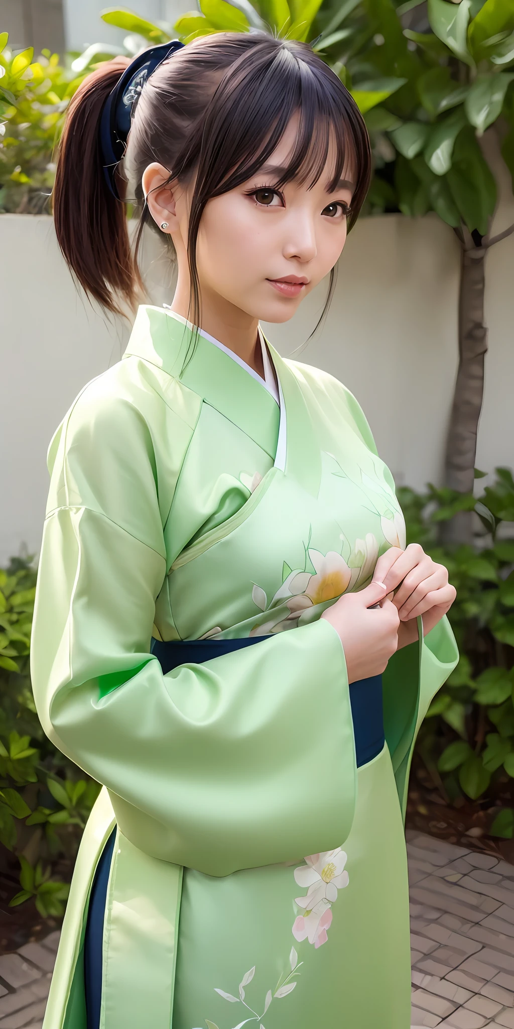 (straight-on:1.33), looking at another, upper body,
ultra high res, best quality, photo, 4k, (photorealistic:1.4),
1girl, high ponytail, 
hanfugirl,light green hanfu, floral print, 
arms behind back,