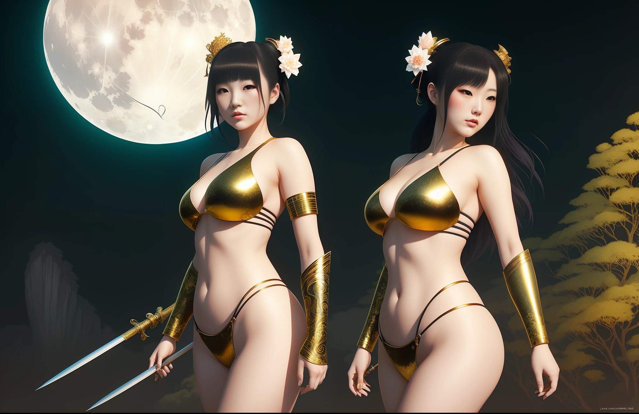 a pale japanese geisha curvy 18 years old girl, short shiny messy hair, (full moon), wearing ninja suit, holding a magical kunai, highly detailed, full lenght, trending on artstation, unreal engine 4 k, cinematic wallpaper by stanley artgerm lau, wlop, rossdraws, james jean, andrei riabovitchev, marc simonetti, yoshitaka amano. background by james jean and gustav klimt, light by julie bell, 4 k, porcelain skin, style of zdislaw beksinski, detailed, 8k, dynamic lighting, white chromatic aberration, smooth, hanyamask