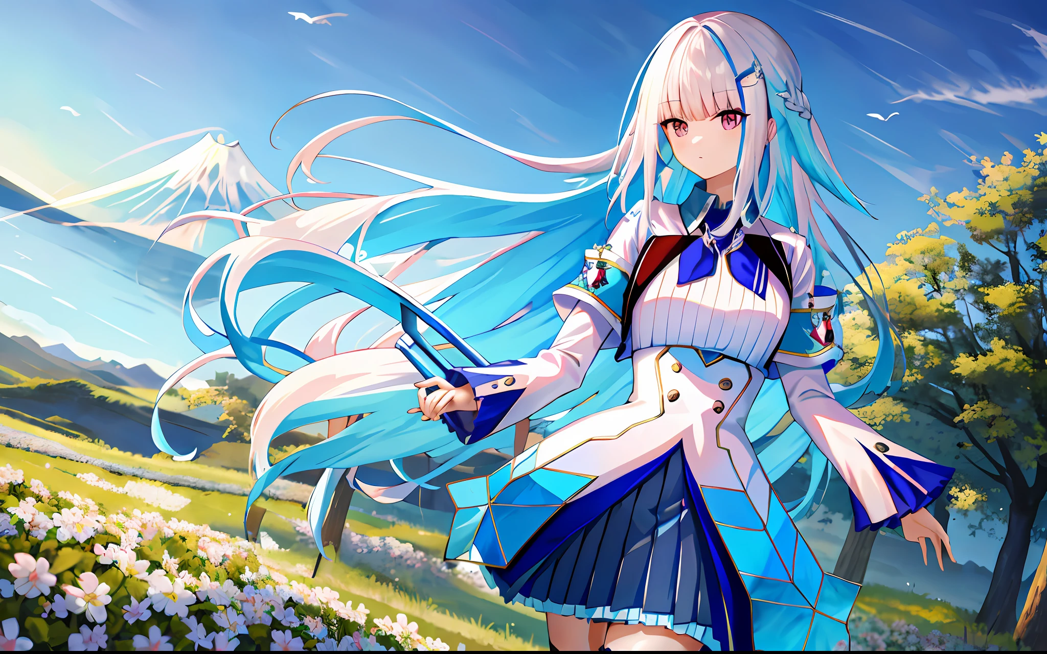 masterpiece, highest quality, high resolution, LH1, hair onum net, thighs, long hair, long sleeves, pleated skirt, blue thighs, armbands, ruffled skirts, uniforms, white shirts, blue skirts, light blue cardigan, chick on the shoulders, holding a big sword, mt. fuji, tea plantation,
