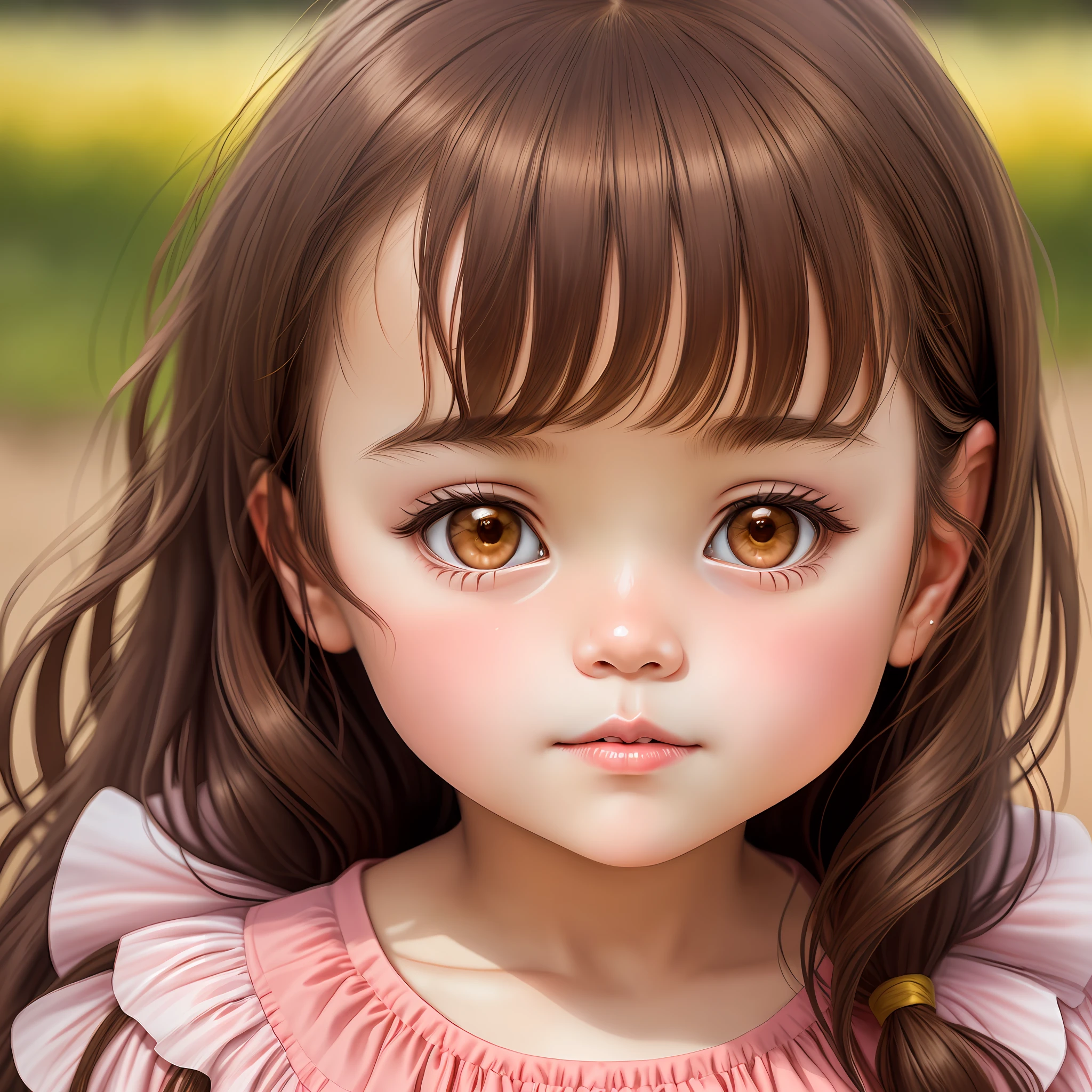 Portrait of a cute (Dicuki:1.1), Girl 5-6 , brown hair shining red in the sun, large dark brown eyes with yellowness, plump lips bow, pink dress, realism, watercolor, 4K, High detail