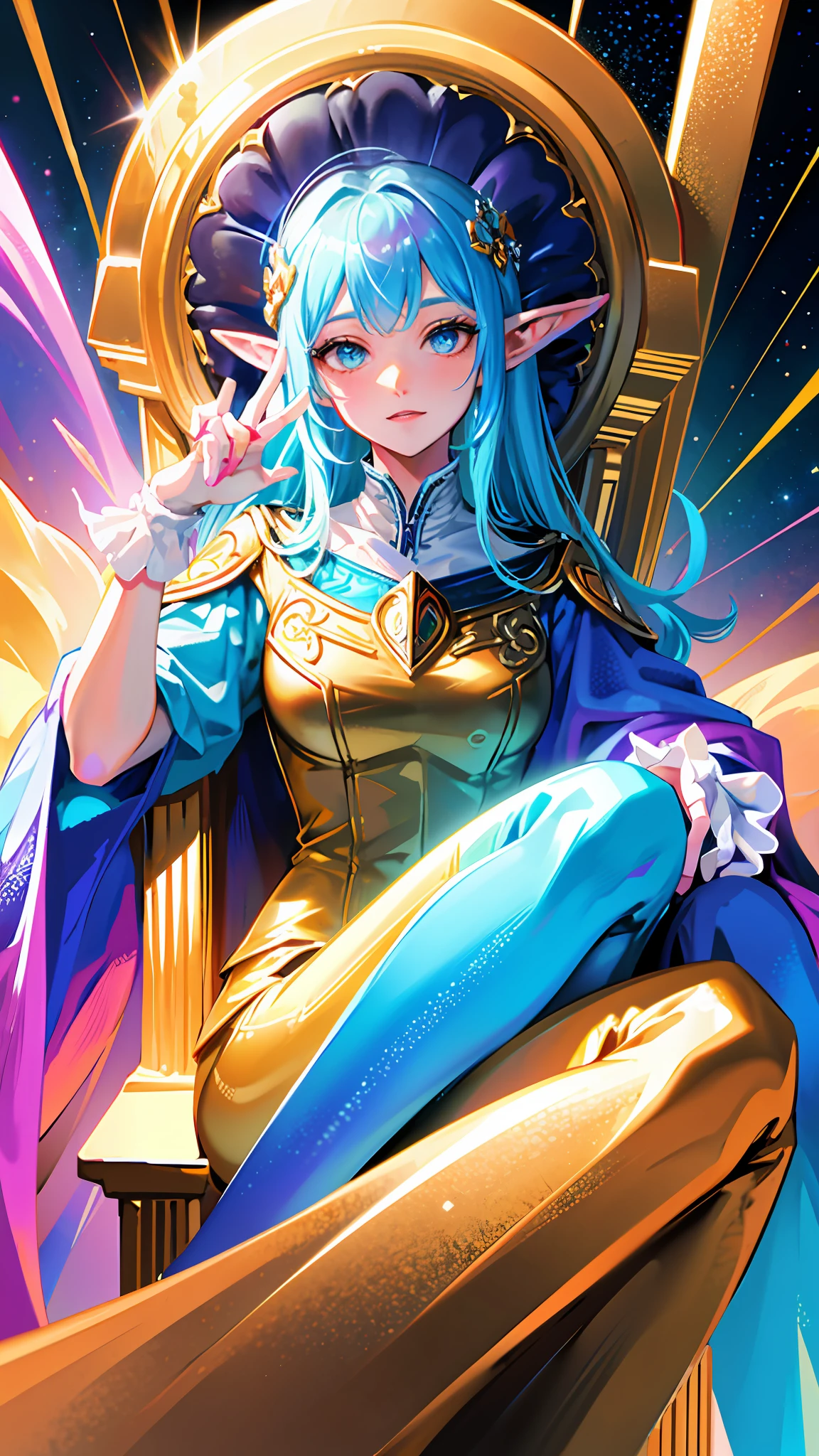 Person (High Elf Colossal Goddess), Clothing (wearing rainbow-colored gloves), Depiction (Upper body of a person sitting on a throne in outer space), Image quality (4K, Golden Ratio)