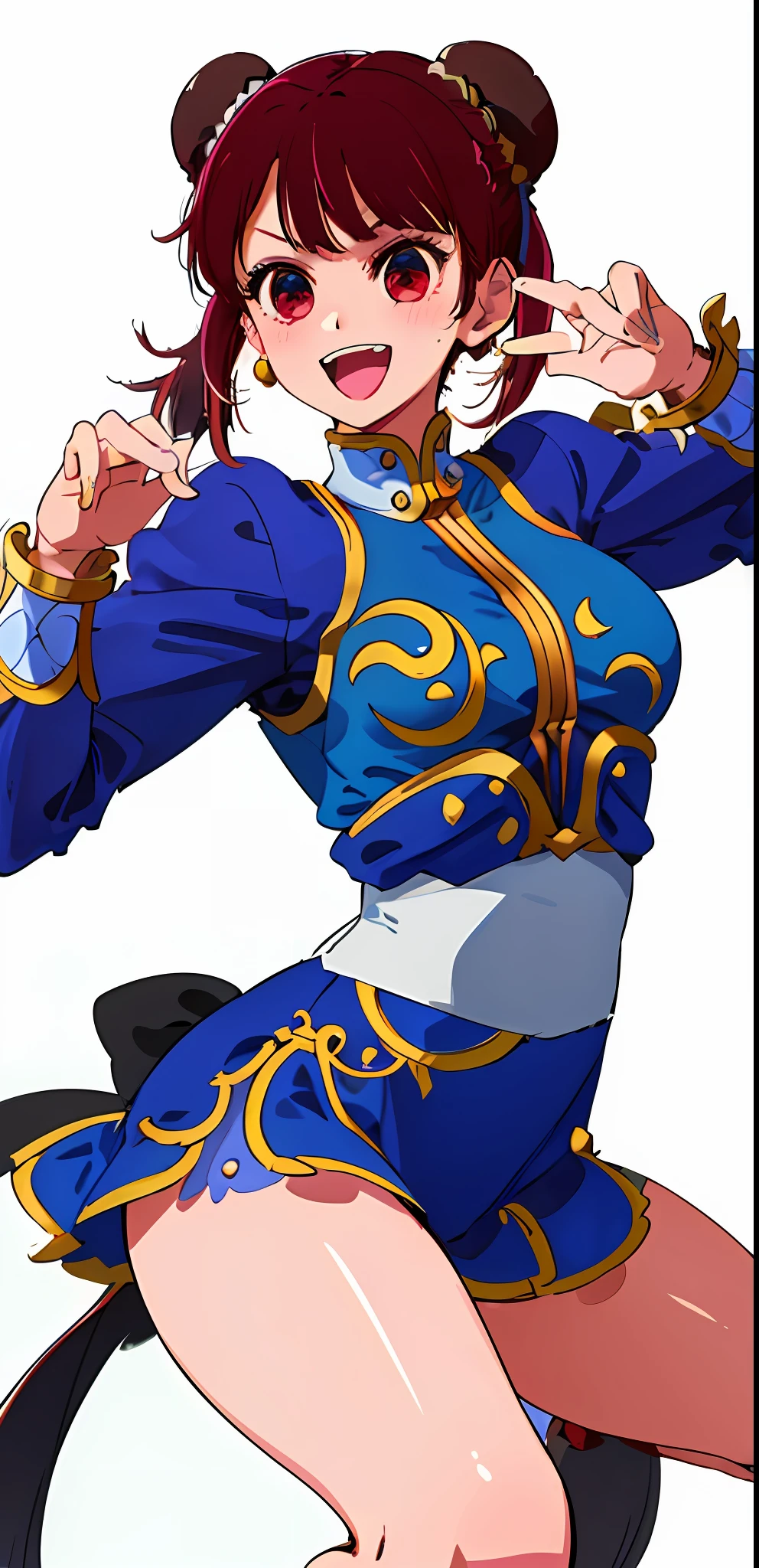 1girl masterpiece, best quality, solo, (chun-li (cosplay):1.2), chun-li(cosplay):1.2, , :d, Arima kana, medium breast, white marble earrings, fight pose