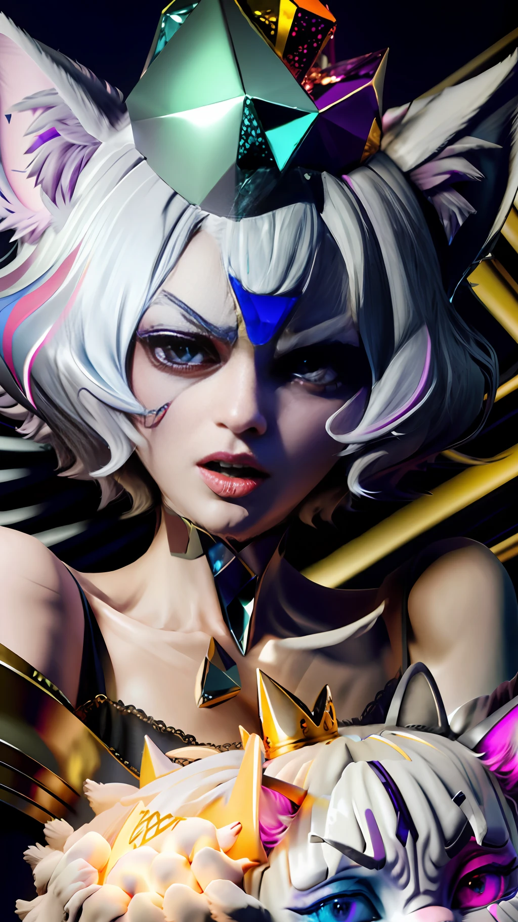 silver hair, crown, multicolored eyes, furrowed brow, cat ears, open mouth, afterimage, close-up, 360 view, motion blur, Cubist Futurism, UHD, 8k