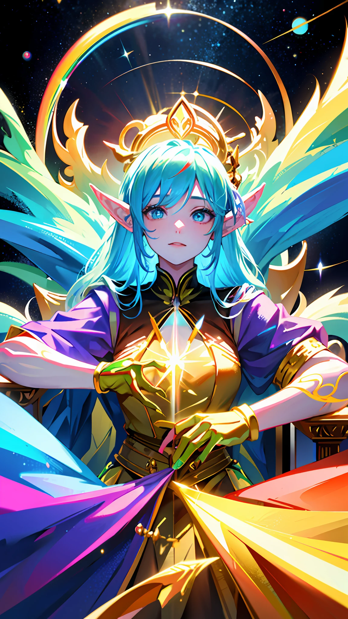 A woman with blue hair and a crown standing in front of a star - SeaArt AI