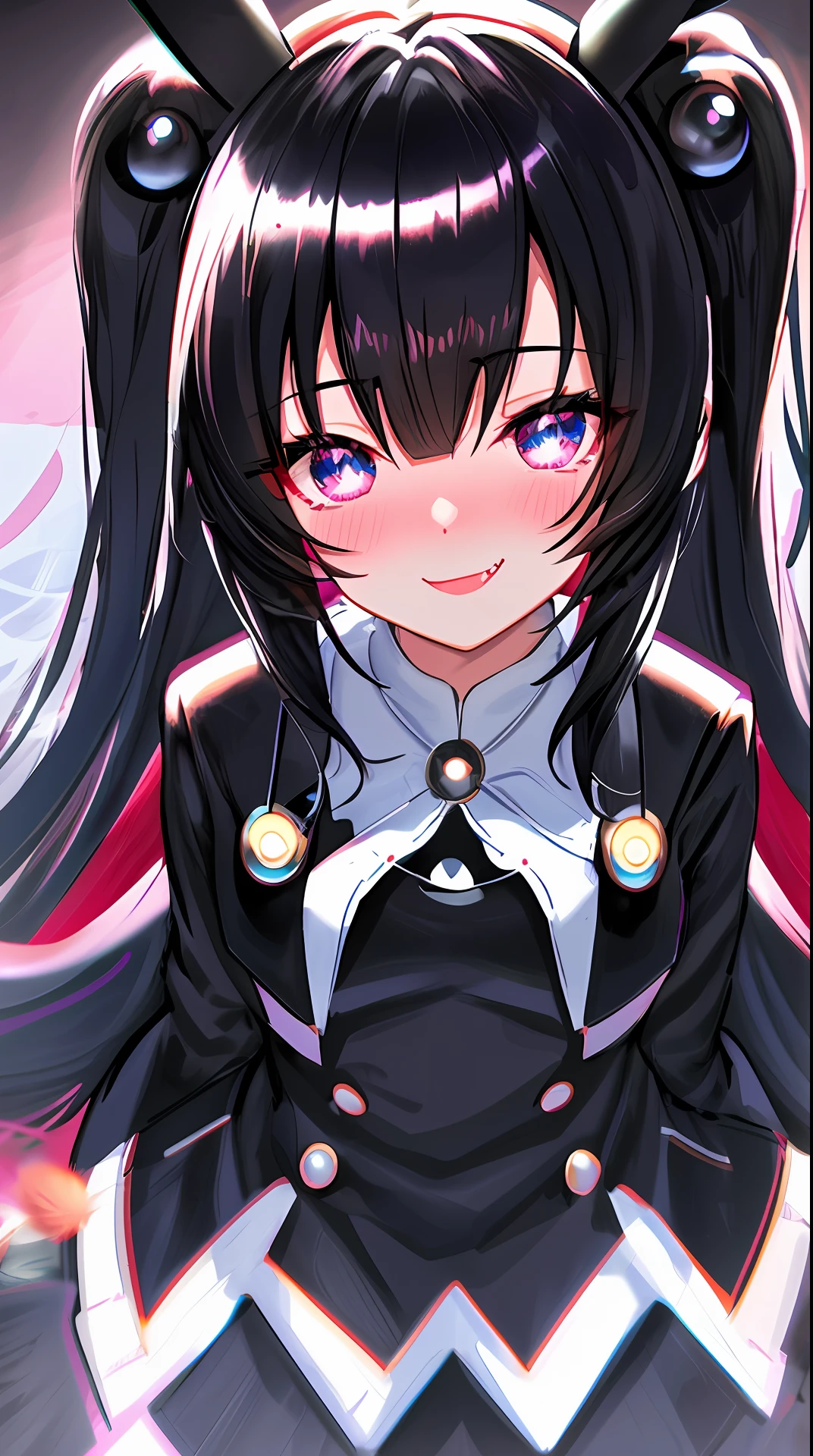 black hair, hair bobbles, wince, longeyelashes, solid circle eyes, fake animal ears, light smile, ear blush, fang, Surrealism, drop shadow, anaglyph, stereogram, tachi-e, pov, atmospheric perspective, 8k, super detail, ccurate, best quality