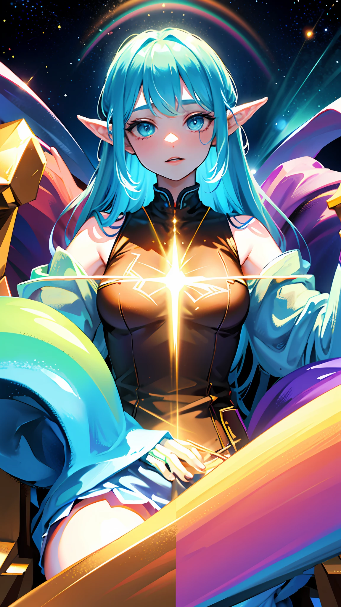 Person (High Elf Colossal Goddess), Clothing (wearing rainbow-colored gloves), Depiction (Upper body of a person sitting on a throne in outer space), Image quality (4K, Golden Ratio)