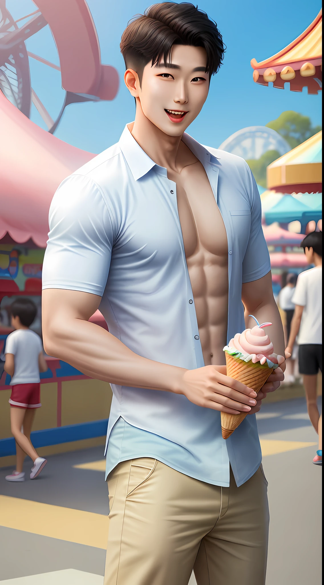 Handsome man Young Korean sarado in amusement park licking ice cream cone, shadows, detailed face, hot sun, lively, bulge