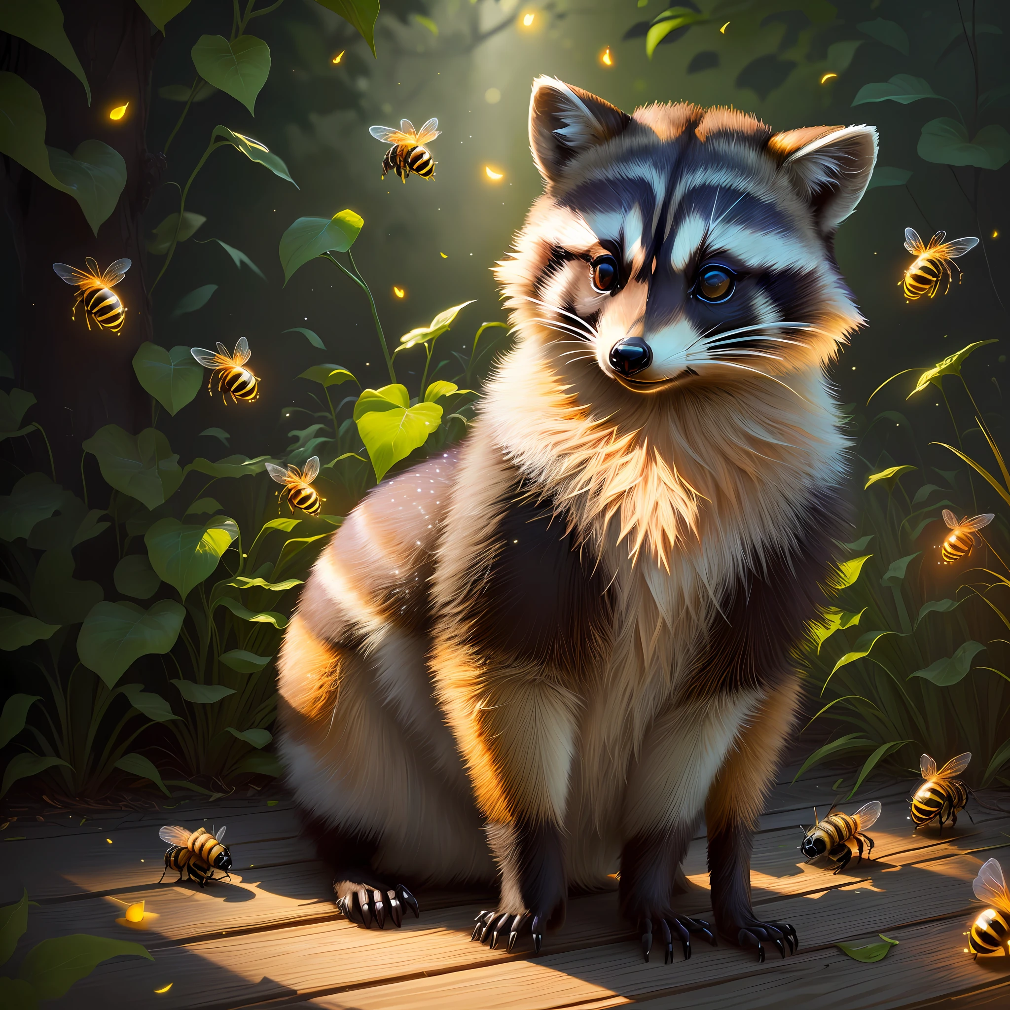 1Raccoon + 1 Bee, Fireflies Around, 4K, Masterpiece, Best Quality