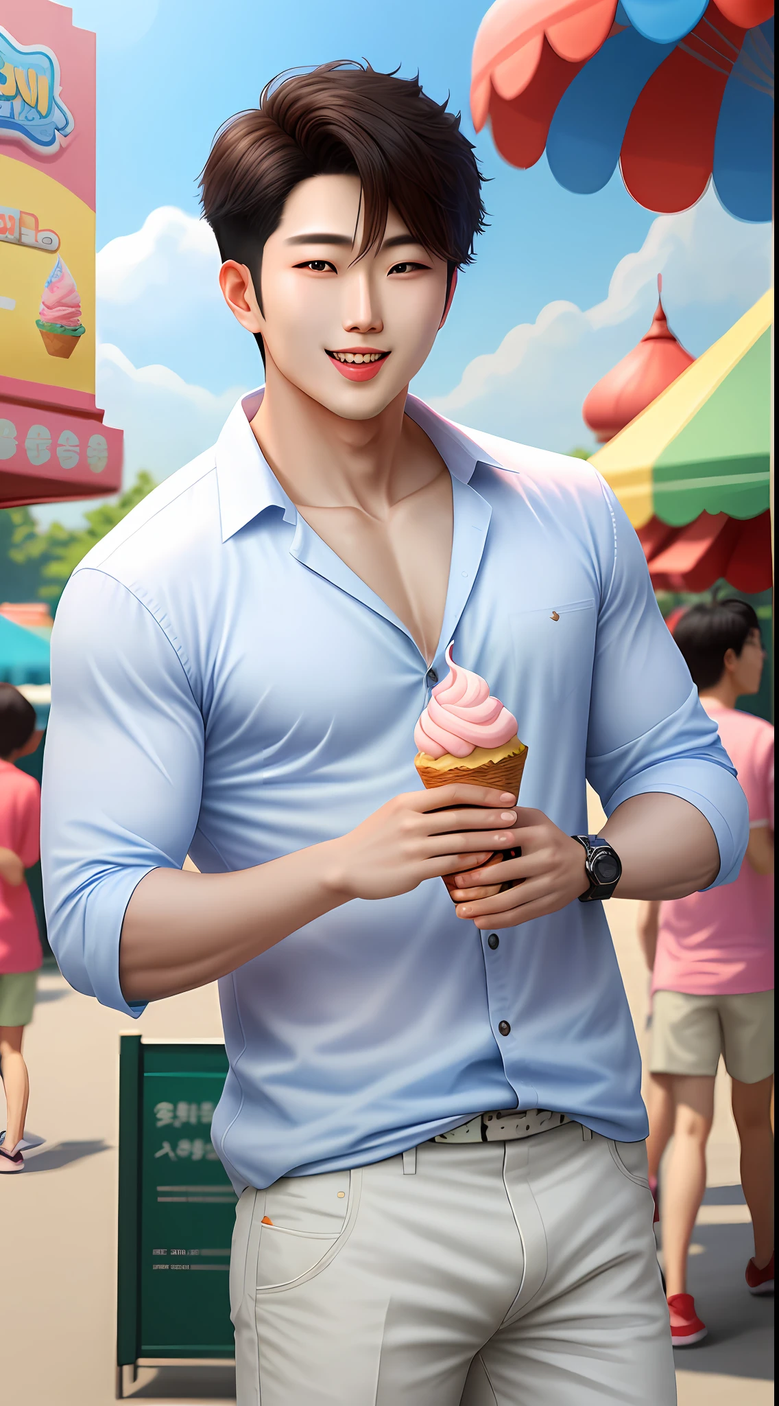 Handsome man Young Korean sarado in amusement park licking ice cream cone, shadows, detailed face, hot sun, lively, bulge