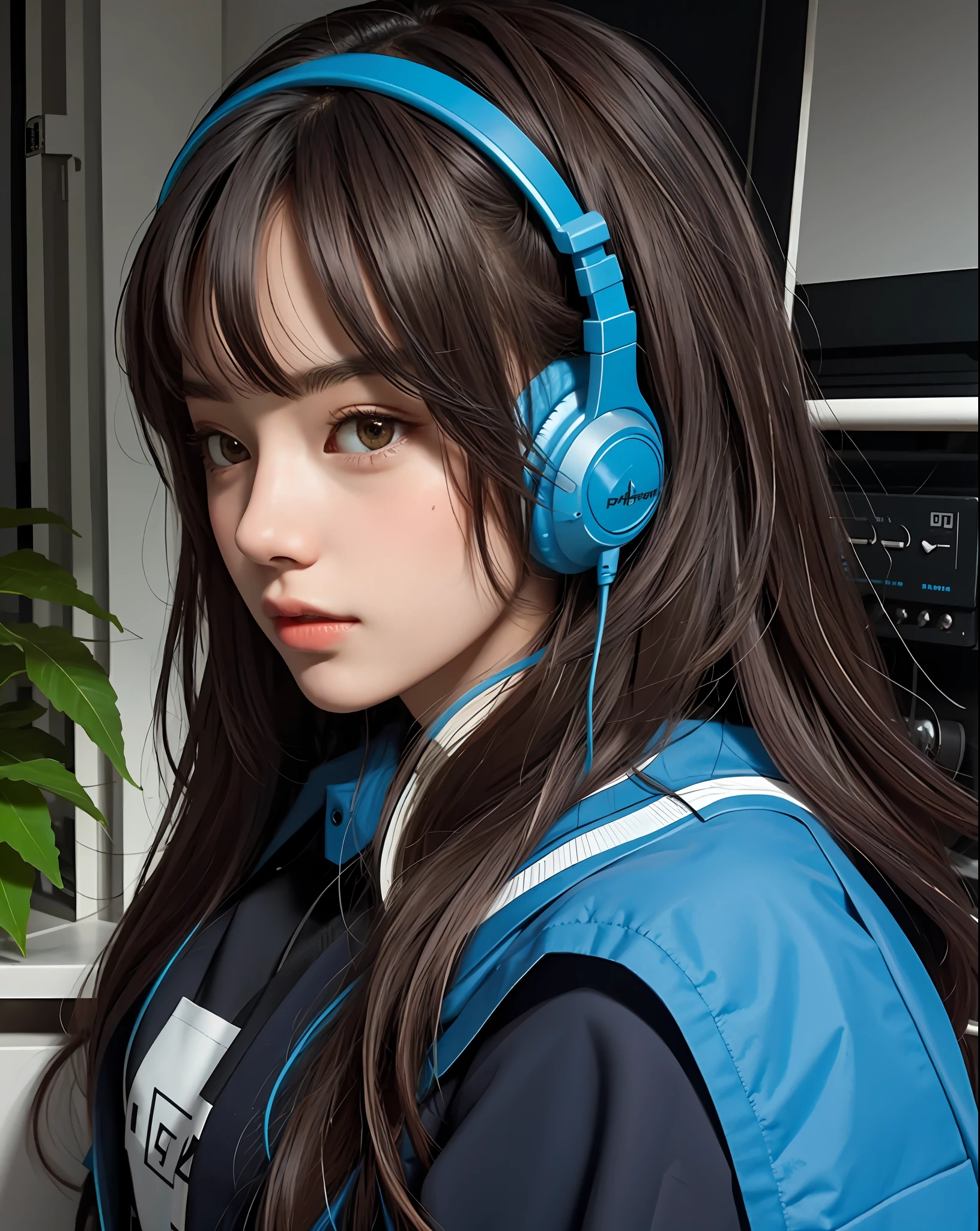 synthesizer, modular, realistic, beautiful girl, schoolgirl, headphones,