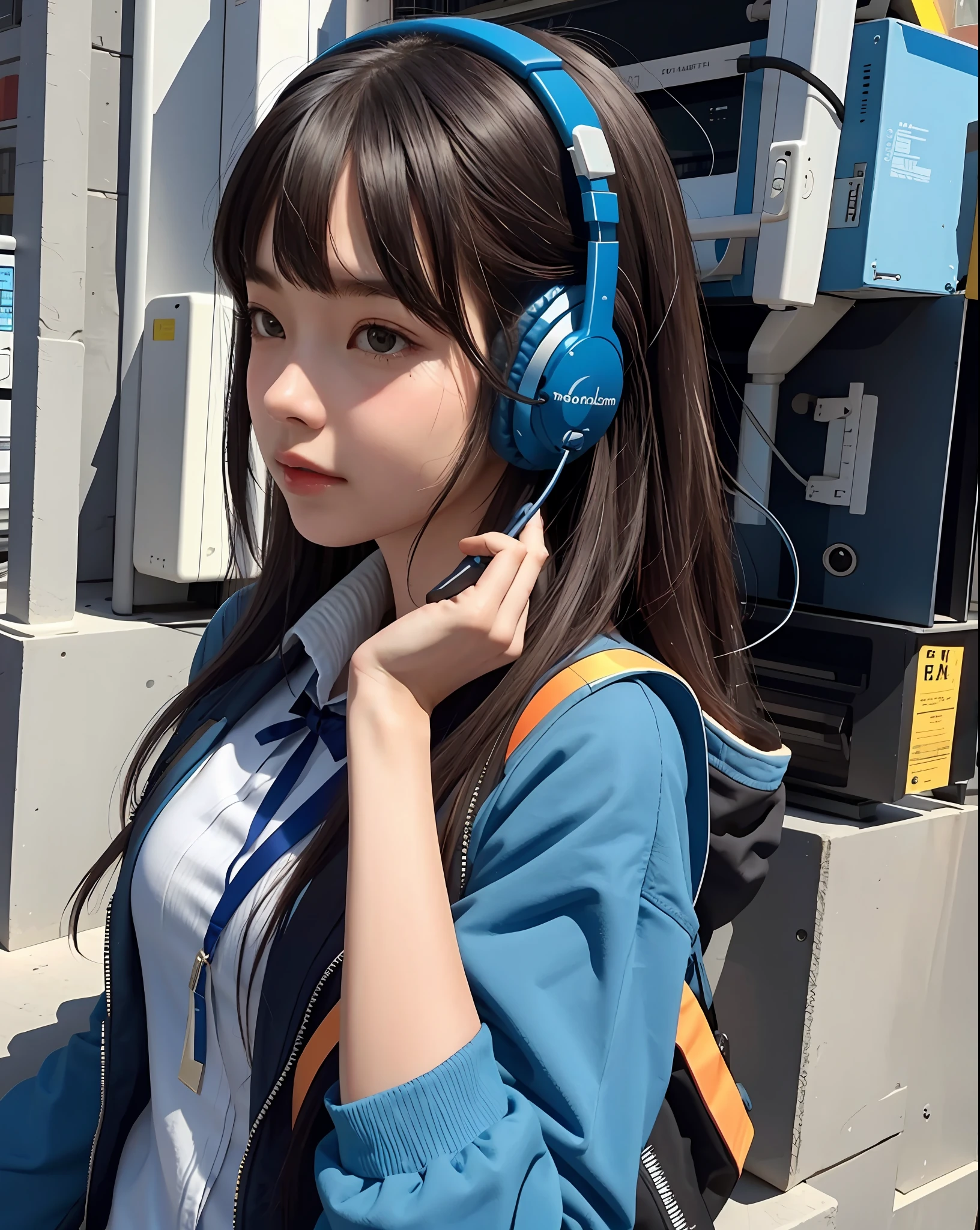 synthesizer, modular, realistic, beautiful girl, schoolgirl, headphones,