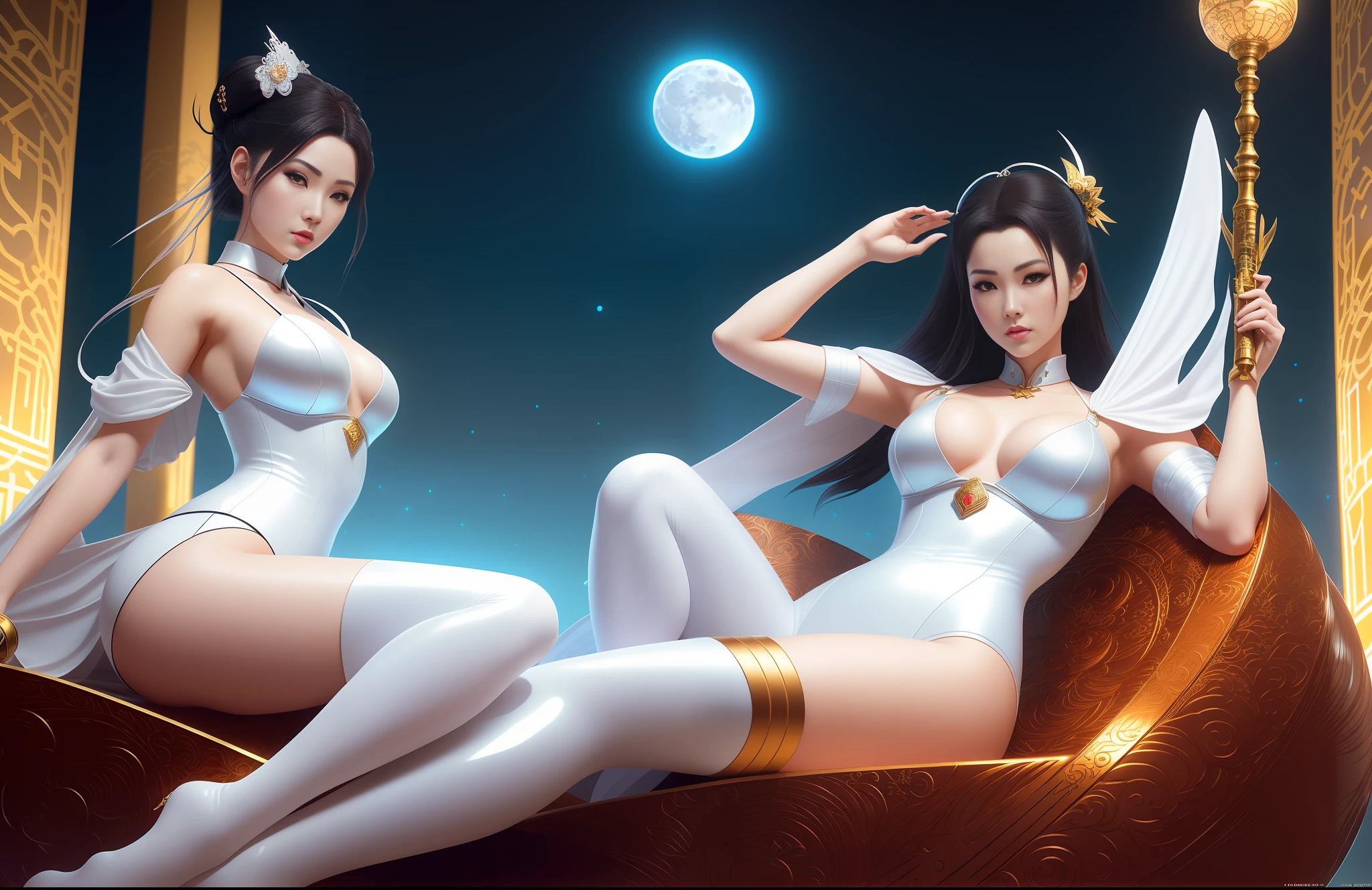 a pale japanese geisha curvy 18 years old girl, short shiny messy hair, (full moon), wearing white ninja suit, holding a magical kunai,sitting on a emperor's throne highly detailed, full lenght, trending on artstation, unreal engine 4 k, cinematic wallpaper by stanley artgerm lau, wlop, rossdraws, james jean, andrei riabovitchev, marc simonetti, yoshitaka amano. background by james jean and gustav klimt, light by julie bell, 4 k, porcelain skin, style of zdislaw beksinski, detailed, 8k, dynamic lighting, white chromatic aberration, smooth, hanyamask