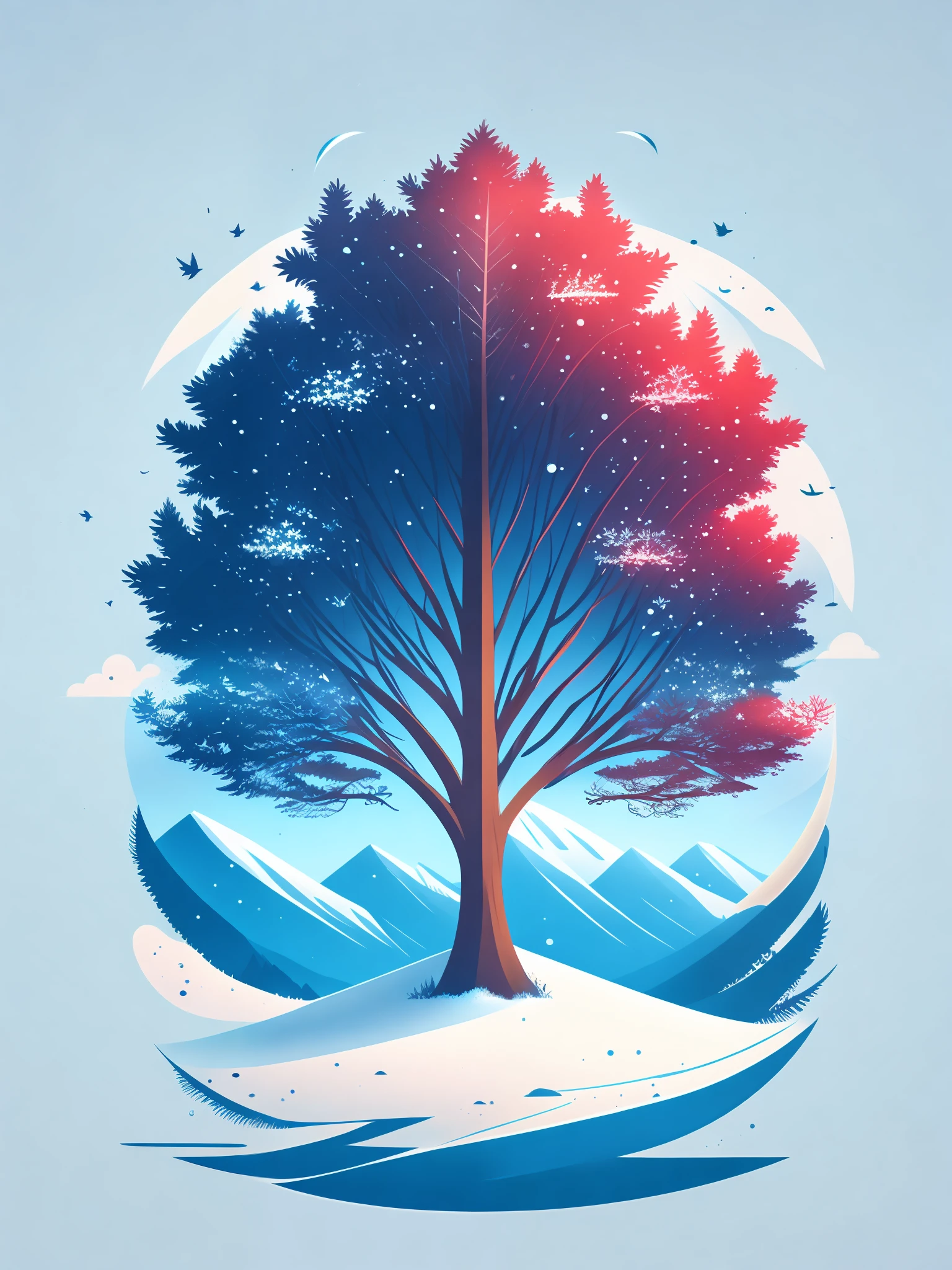 a spruice tree in a winter landscape, tshirt design, rzminjourney, vector-art