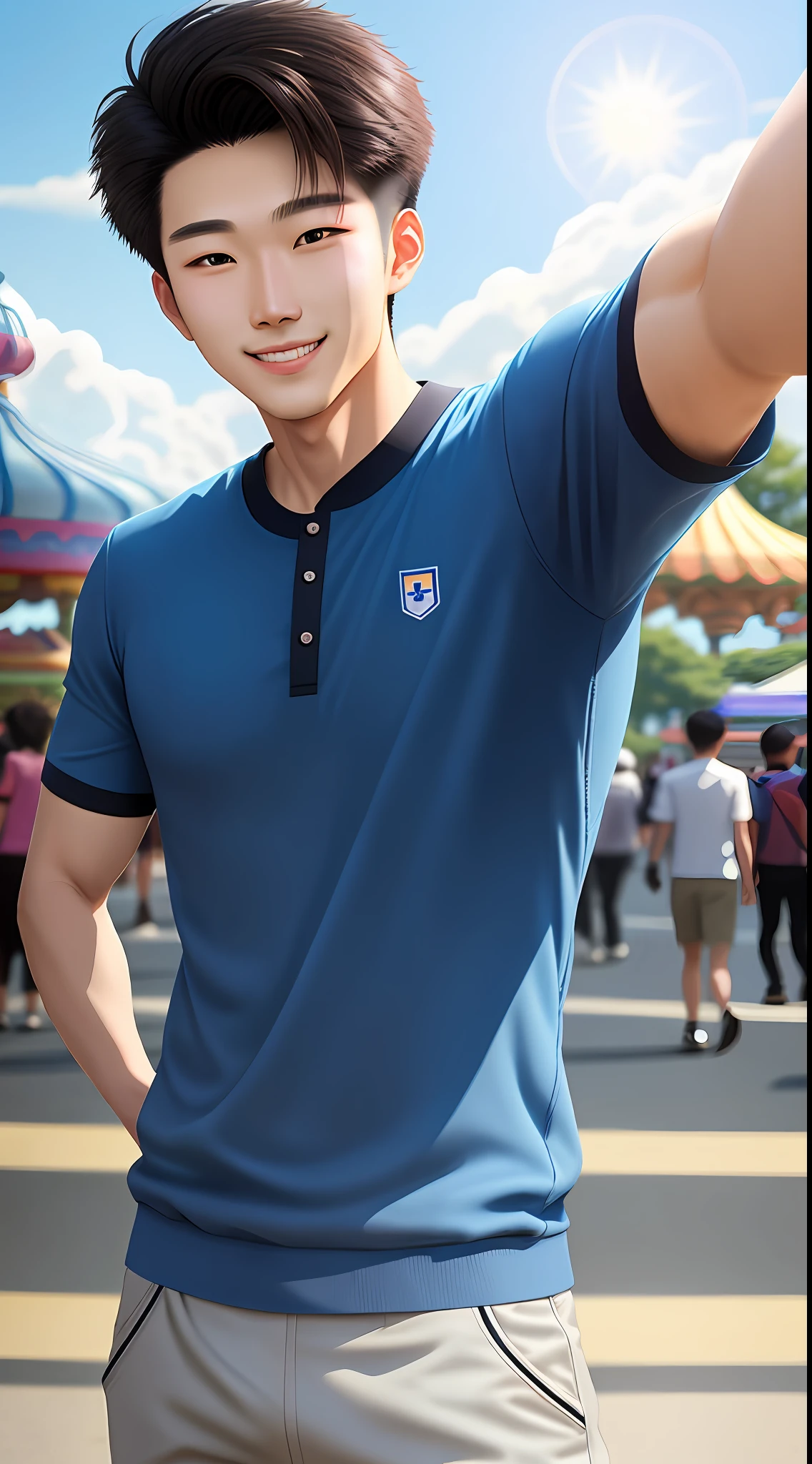 (selfie) Handsome man Young Korean healed in amusement park shadows, detailed face, hot sun, lively, bulge