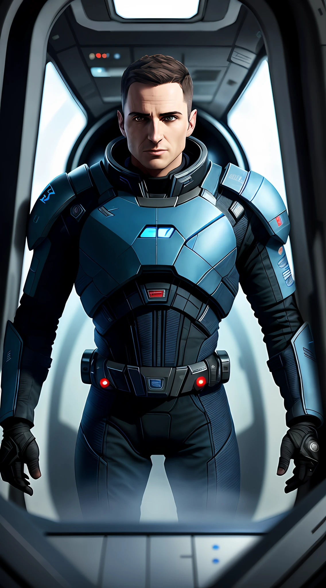 arafed man in a space suit standing in a space station, wearing mass effect armor, mass effect style, n 7 armor, sci - fi suit, mass effect inspired, science fiction suit, inspired by Eve Ryder, clothed in sci-fi military armor, mass effect, science fiction space suit, femshep, scifi character, mass effect fantasy