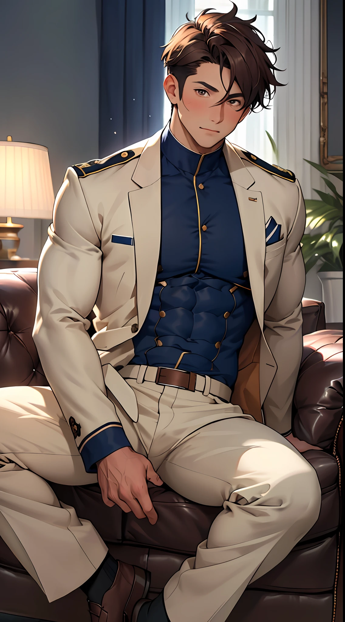 (masterpiece, best quality ), 1man, muscular, short hair, brown eyes, intricate, (living room) , full body, white navy uniform, open blue jacket, vivid colors,(depth of field:1.2),(abs),blush, looking at viewer, on sofa, spread legs, visible chest, hair flowing with wind