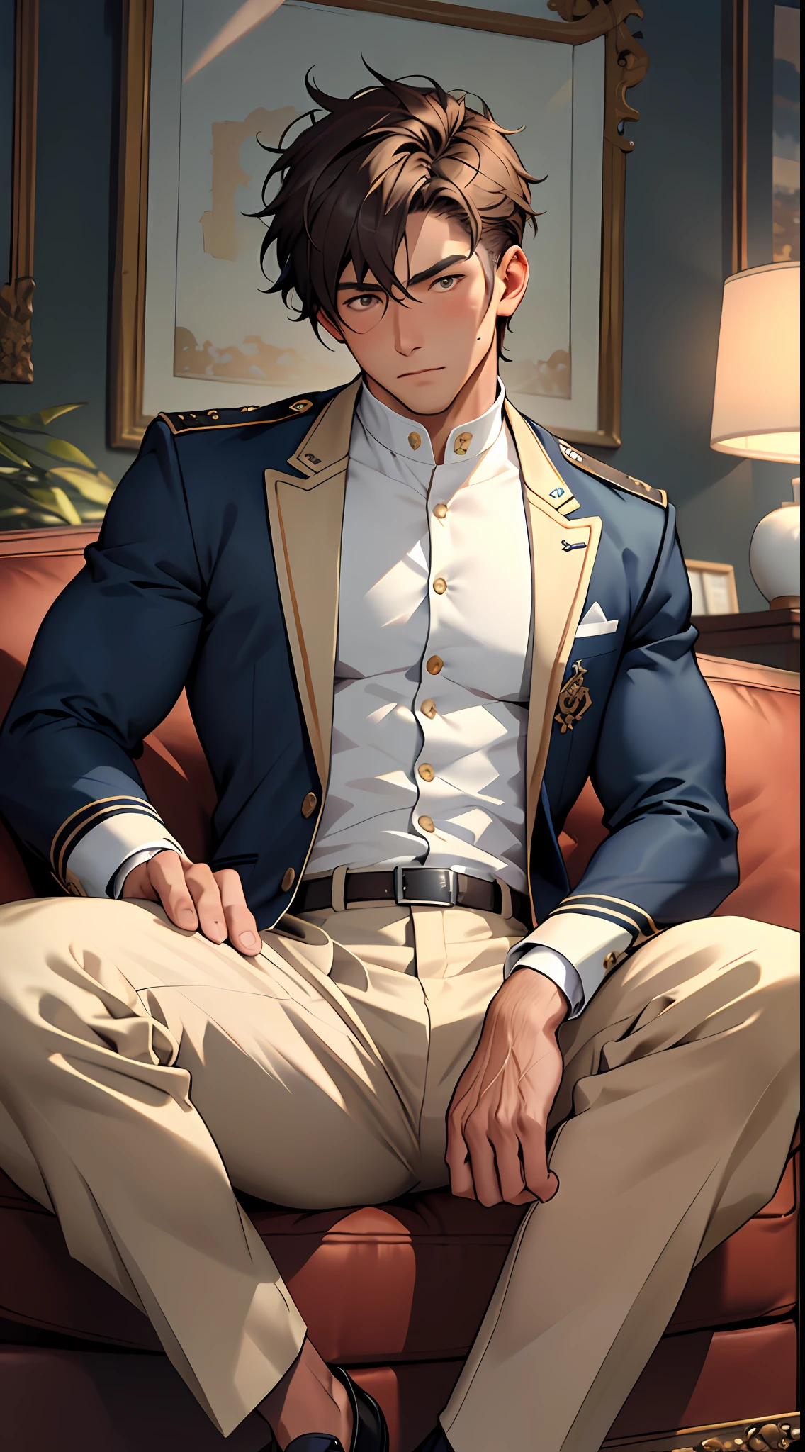 (masterpiece, best quality ), 1man, muscular, short hair, brown eyes, intricate, (living room) , full body, white navy uniform, open blue jacket, vivid colors,(depth of field:1.2),(abs),blush, looking at viewer, sitting on couch, spread legs, visible chest, hair flowing with wind