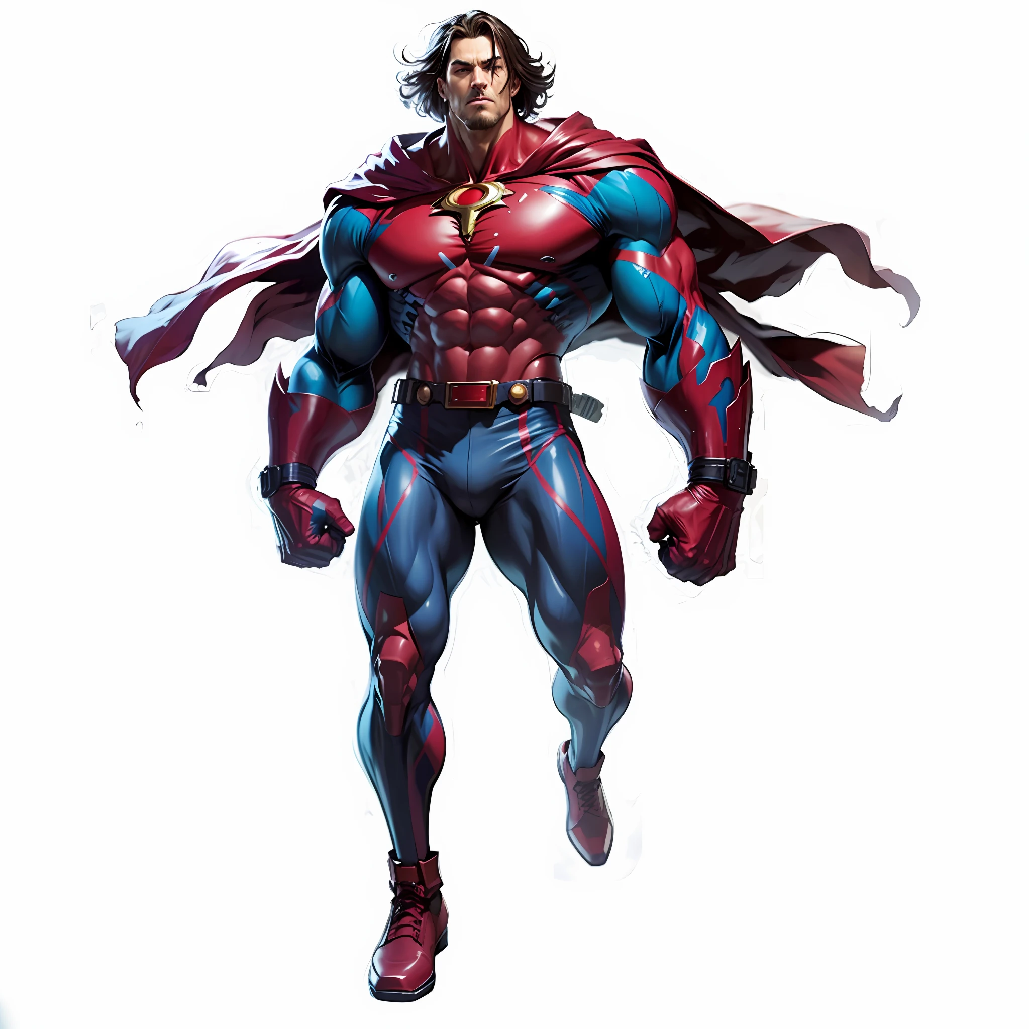 A man in a red cape and blue pants standing, 90s comic book character design, comic book character, comic book character design, comic book character, marvel comic book character, inspired by Ryan Stegman, marvel character, superhero body, eddie mendoza, muscle male hero, epic comic book style, muscle character, fighting game character, ryan stegeman, 8k, realism, best quality, masterpiece, high resolution, (8k, RAW photo, best quality, masterpiece: 1.2), (realism, Photo Photofidelity: 1.37)