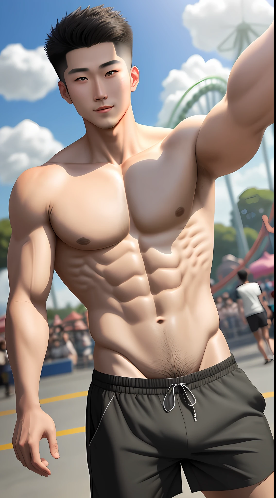 (selfie) Handsome man Young Korean shaved without T-shirt sweaty belly in amusement park shadows, detailed face, hot sun, lively, bulge