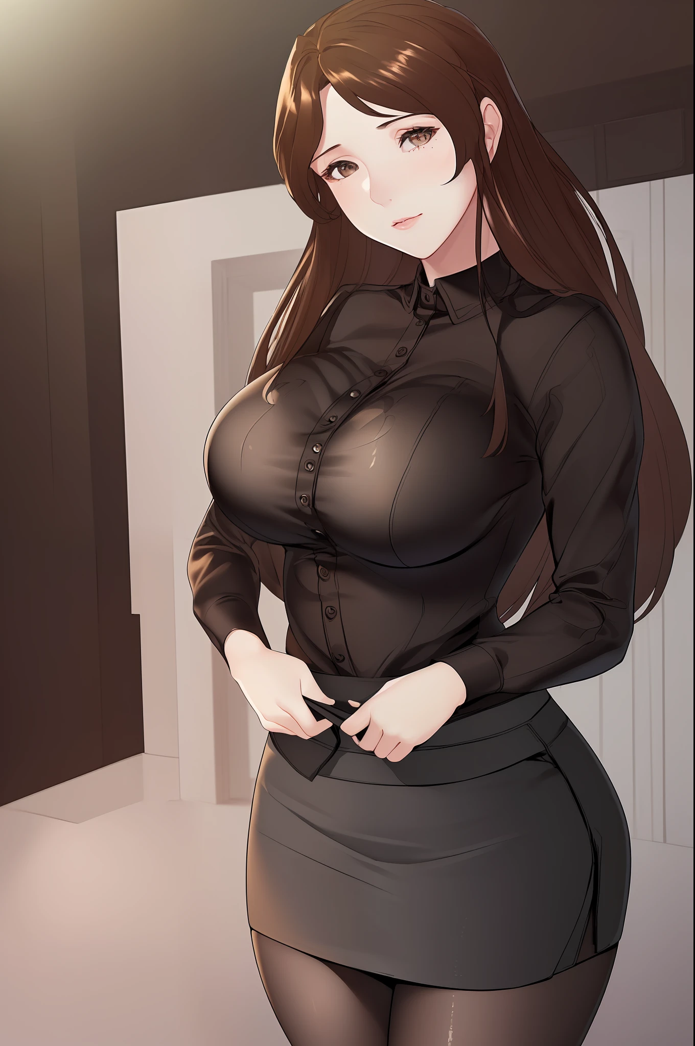 (8k, best quality, masterpiece: 1.2), \(eye details\), \(facial features\), (\(clothes details \)\), upper body, (big breasts), (face emphasis), very detailed CG unity 8k wallpaper, (standing), soft light, detailed skin texture, detailed clothing texture, looking at the audience, 1girl, milf, pencil skirt, stockings, bra edge
