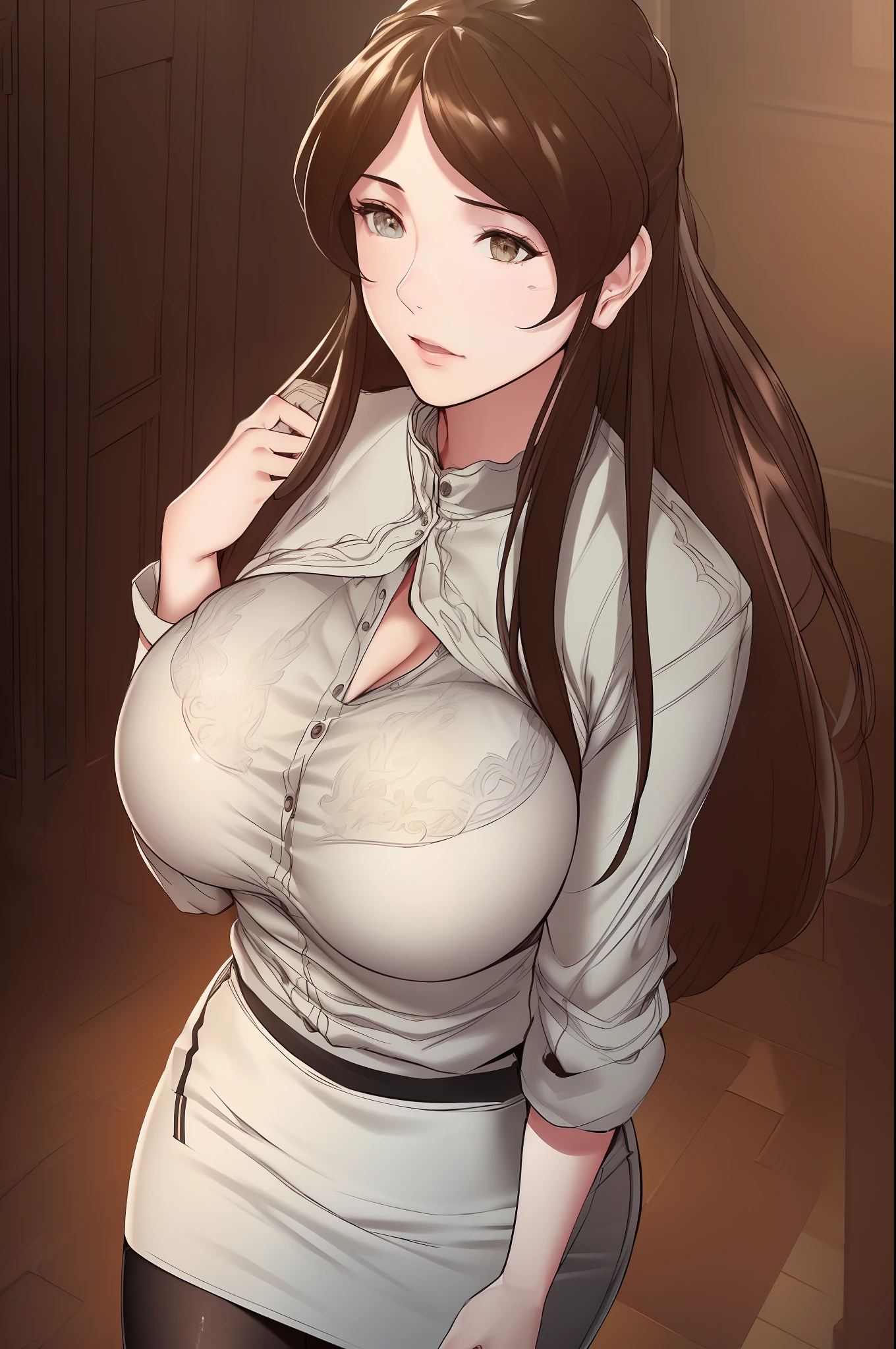 (8k, best quality, masterpiece: 1.2), \(eye details\), \(facial features\), (\(clothes details \)\), upper body, (big breasts), (face emphasis), very detailed CG unity 8k wallpaper, (standing), soft light, detailed skin texture, detailed clothing texture, looking at the audience, 1girl, milf, pencil skirt, stockings, bra edge