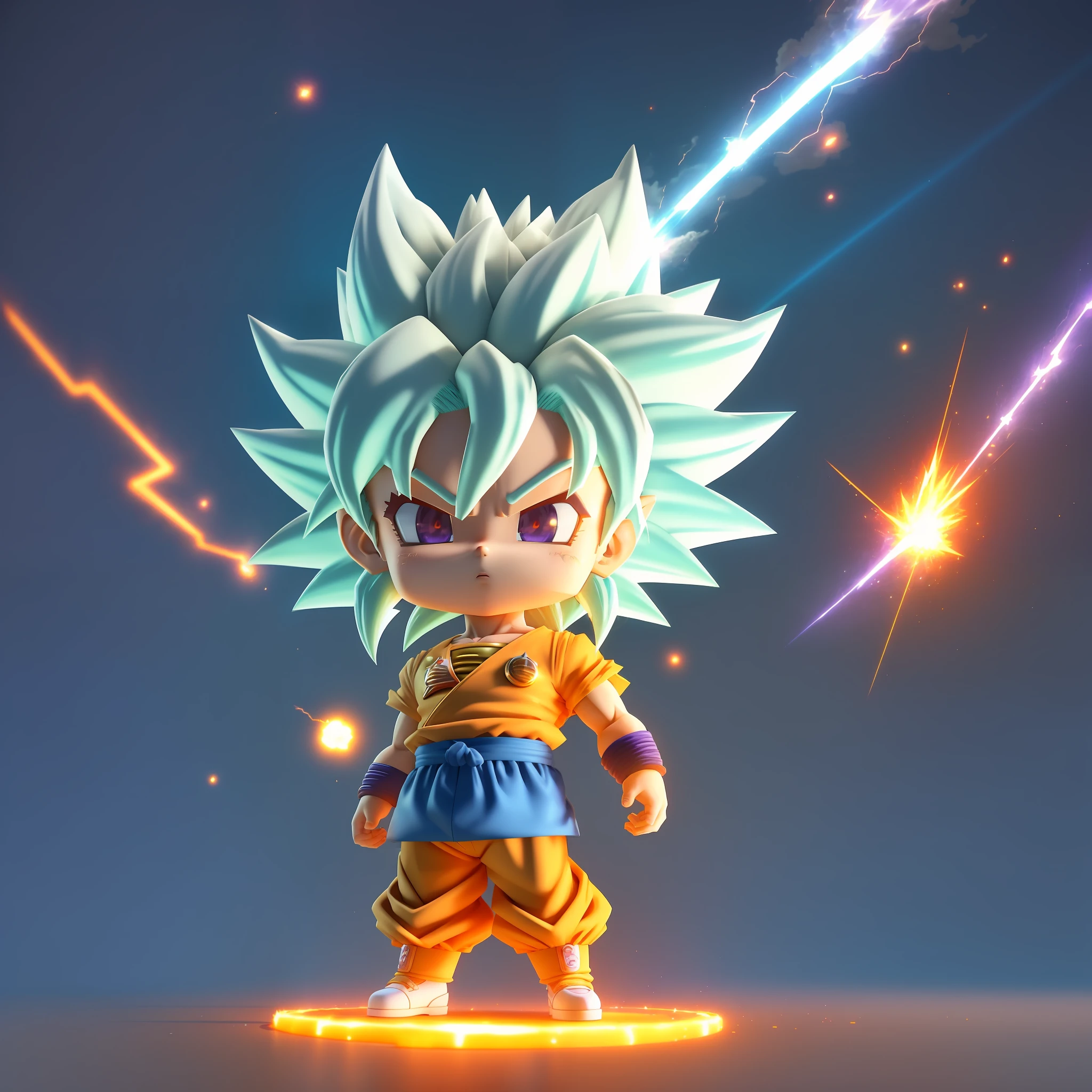 Super Saiyan Goku emits huge energy waves, the environment is full of greenery, and the sky is a combination of orange and purple. The energy waves are bright blue with electric sparks around (anime:1.2), (amazing light:1.1), (vivid colors:1.3), (shading cells:1.1), (dynamic elements:1.2),masterpieces, best quality, full-bodied,Goku, Super Saiyan,(1 boy), beautiful hair, arm portrayal, white and blue hair body, beautiful shoes, facial description, beautiful facial features, eye depiction, beautiful hair, pop smart blind box, clay texture, pedal on the floor,3d, super detailed rendering, anime style 3d, cute 3d render, cartoon high profile, 8k render, super highly detailed