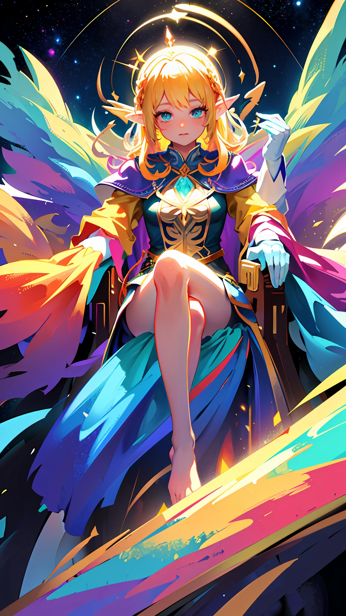 Person (High Elf Colossal Goddess), Clothing (wearing rainbow-colored gloves), Depiction (Upper body of a person sitting on a throne in outer space), Image quality (4K, Golden Ratio)