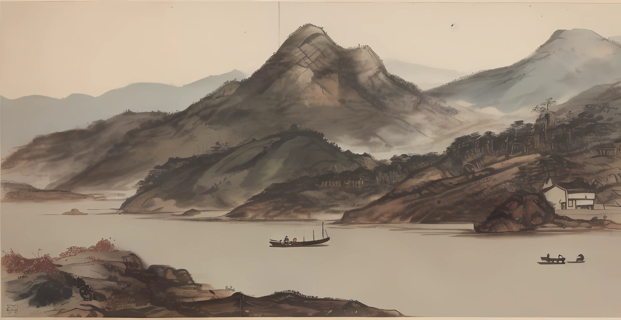 Ink danqing, distant mountains and water, light boat fishing, snow