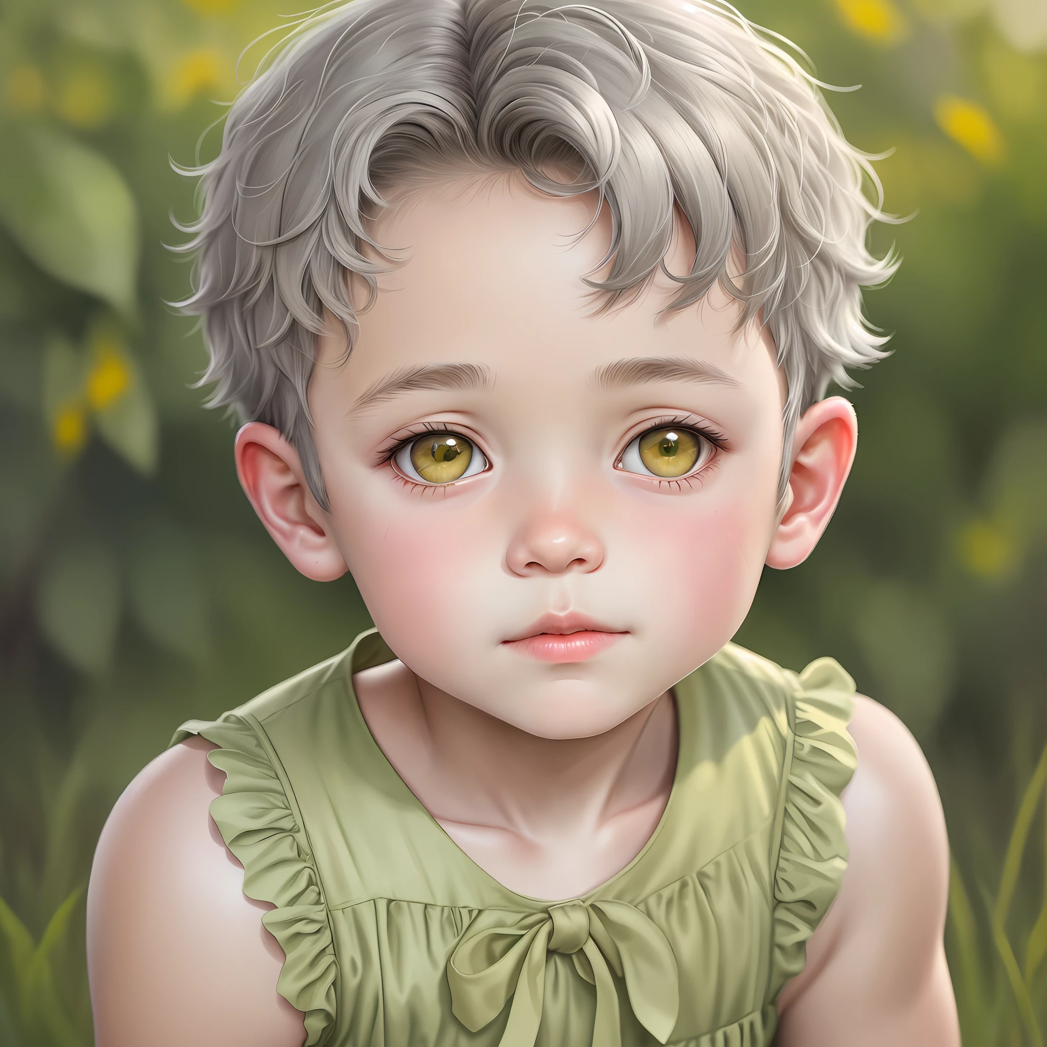 Portrait of a cute boy, 5-, ashy gray hair, short haircut, large dark green eyes, plump bow lips, light yellow jumpsuit, realism, watercolor, 4K, High detail