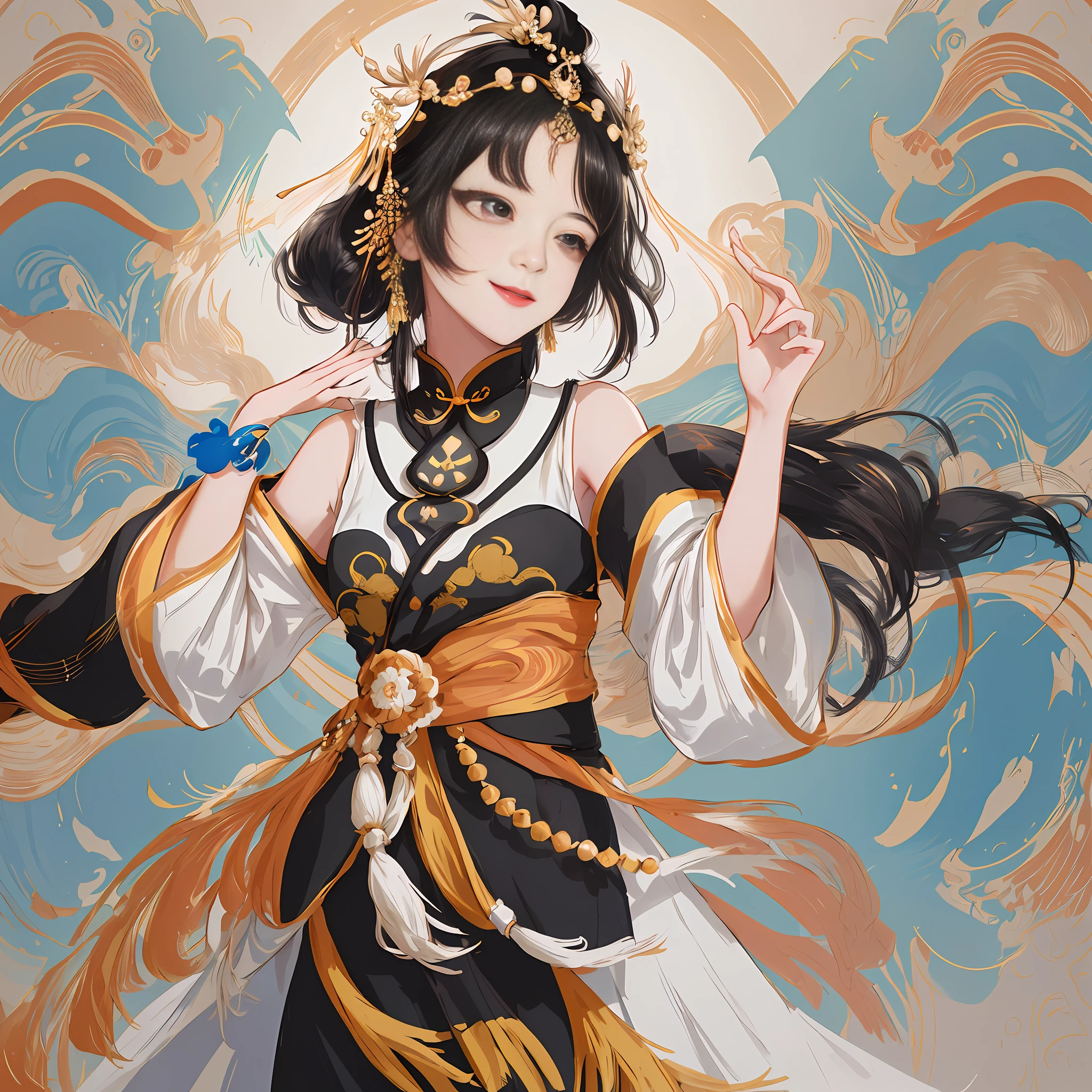 Illustration of a smiling woman, graceful pose, black hair, black eyes, dressed in Chinese costume, headband on head, colorful pompoms, camera shaking with movement, white background, (angle of view: 1.1, wide lens: 1.3, motion tracking: 1.2), (print quality, excellent clarity on high-quality CG, 8k wallpaper: 1.2). The picture fits snugly from top to bottom, with a full head and perfect eyelash detailing.